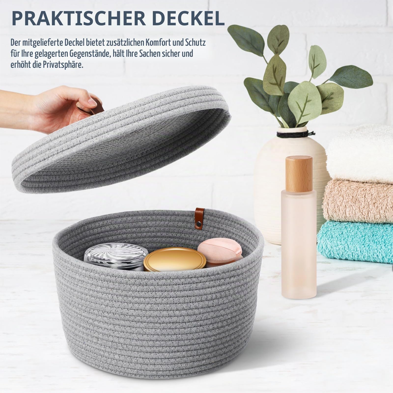 VILLCASE Aufbewahrungskorb Mit Deckel Geflochtener Seilkorb Aus Baumwollseil 2Er Set Groß Und Klein Für Home Office Kinderzimmer Und Wäsche 10.63 X 10.63 X 6.69 in