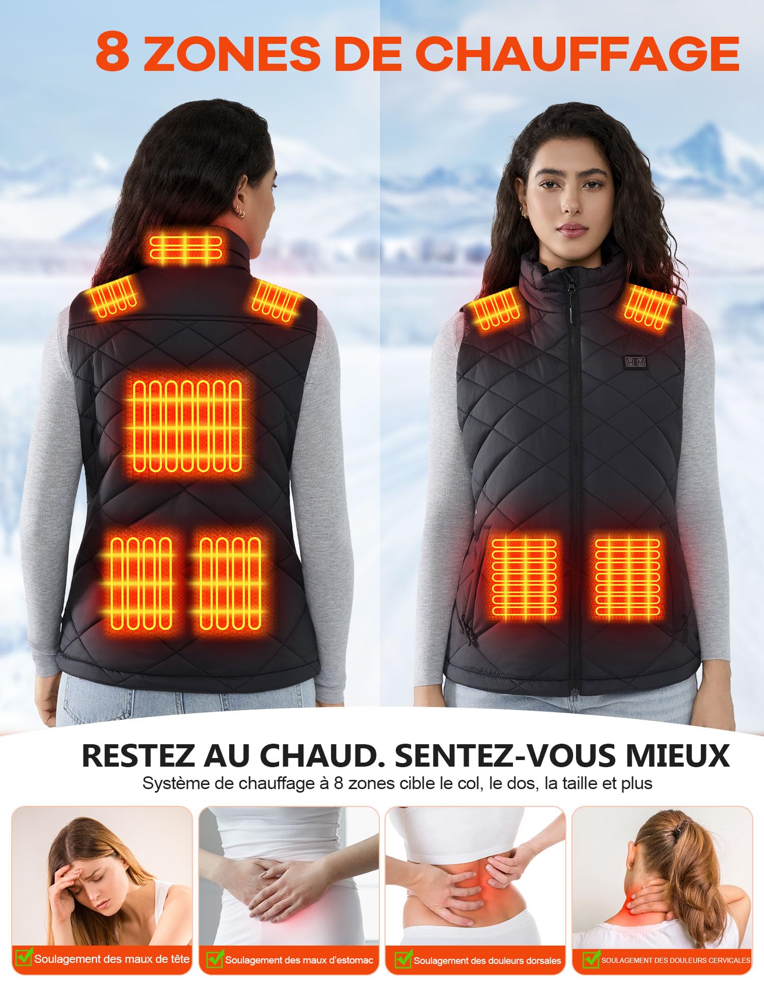Gilet Chauffant Femme avec Batterie 18400mAh 7.4V – Jusqu’à 11h de Chaleur, Lavable en Machine, Veste Chauffante Léger Déperlant pour Hiver
