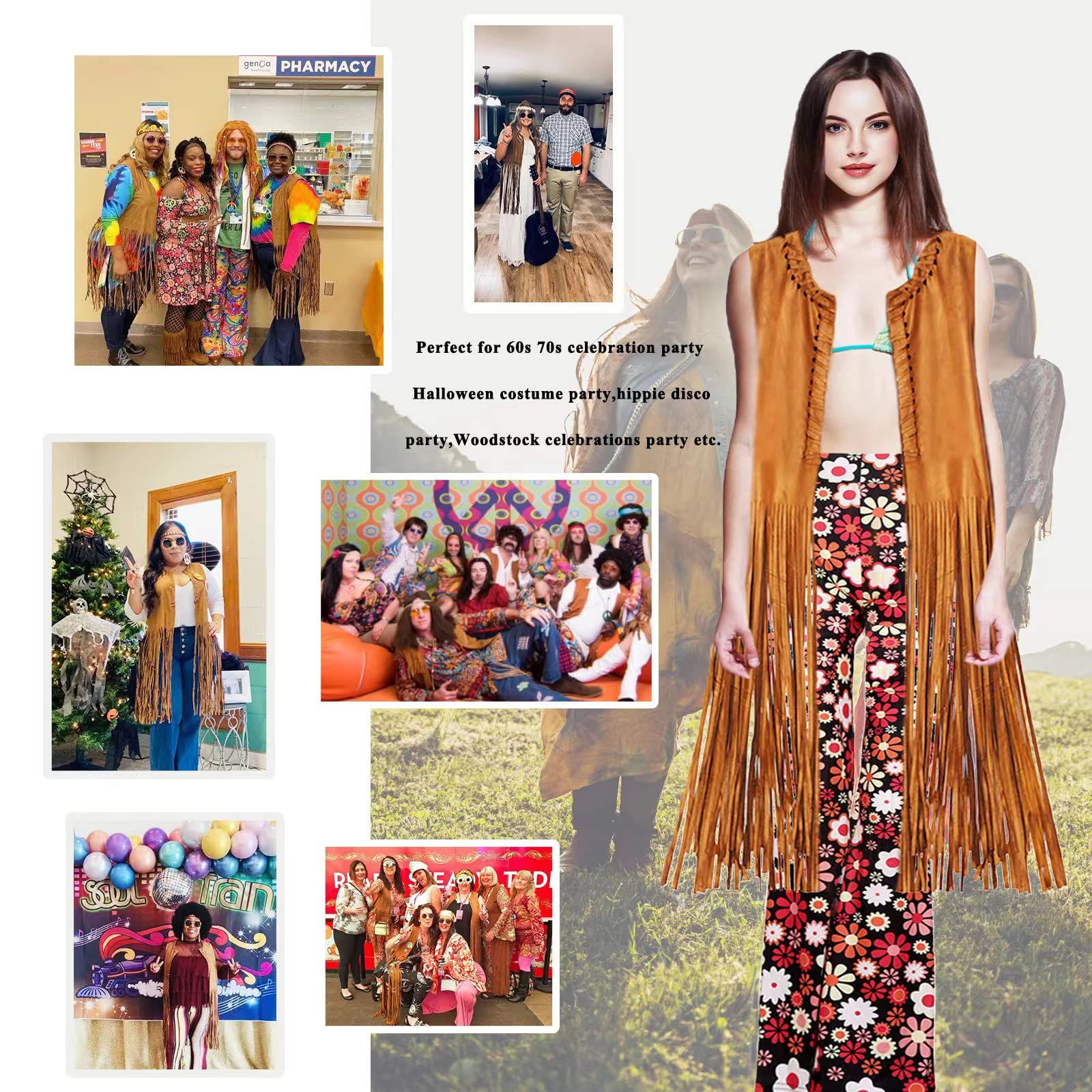 YADODO 60er 70er Jahre Hippie Kostüm Damen Set mit Fransenweste Schlaghose Accessoires Hippie Kleidung Damen Kostüm 70er Jahre Bekleidung Frauen Disco Outfit Cowgirl Western Faschingskostüm (L)