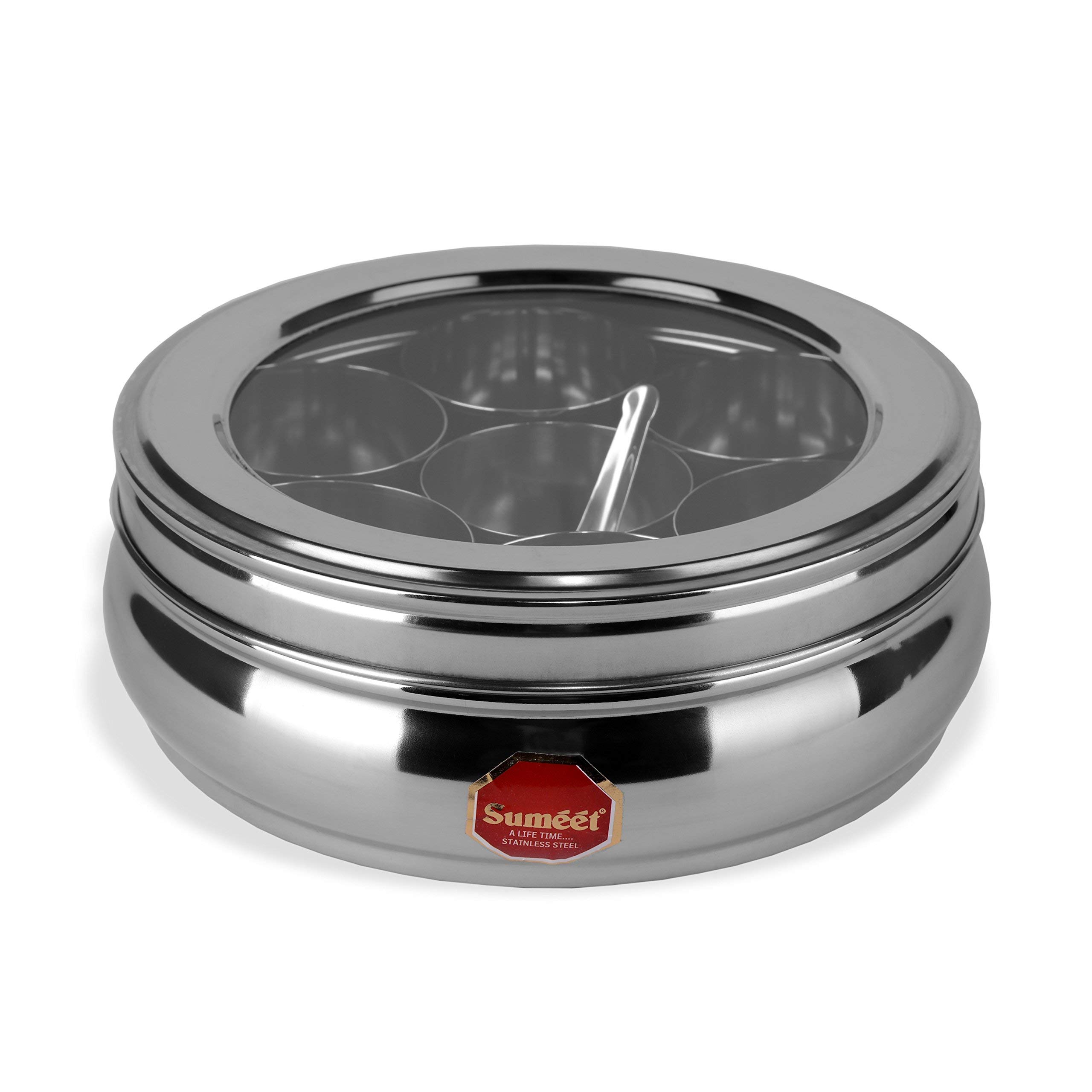 Sumeet Stainless Steel Belly Shape Masala (Spice) Box/Dabba/Organiser With See Through Lid With 7 Containers And Small Spoon (Medium) Beige (B07C5Y29D5) Amazon Price History, Amazon Price Tracker