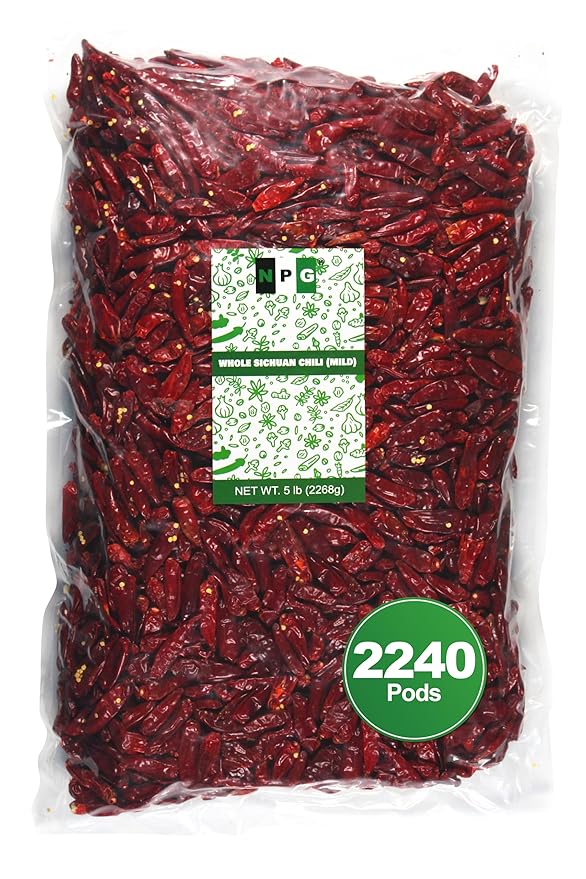 NPG Dried Sichuan Chili Peppers Whole 5 Pound, Mild, Used in Mexican, Chinese, Thai Dishes, Premium Szechuan Dried Red Chilies for Chili Oil, Paste, and Sauce