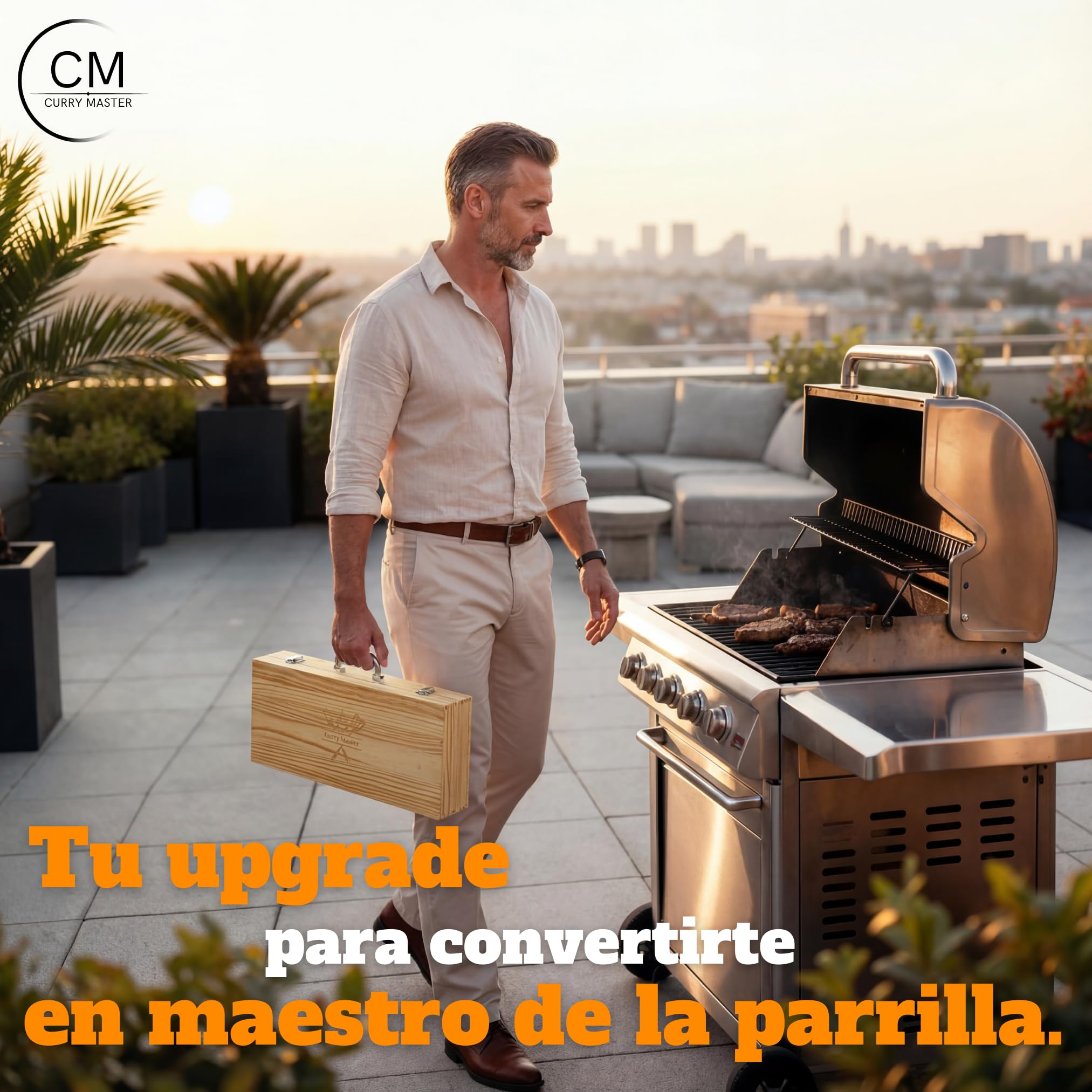Set de Barbacoa en maletín de Madera - Utensilios Barbacoa Acero Inoxidable | Volteador 3 en 1 con abridor y filo, kit parrillero, regalo para el día del padre y navidad