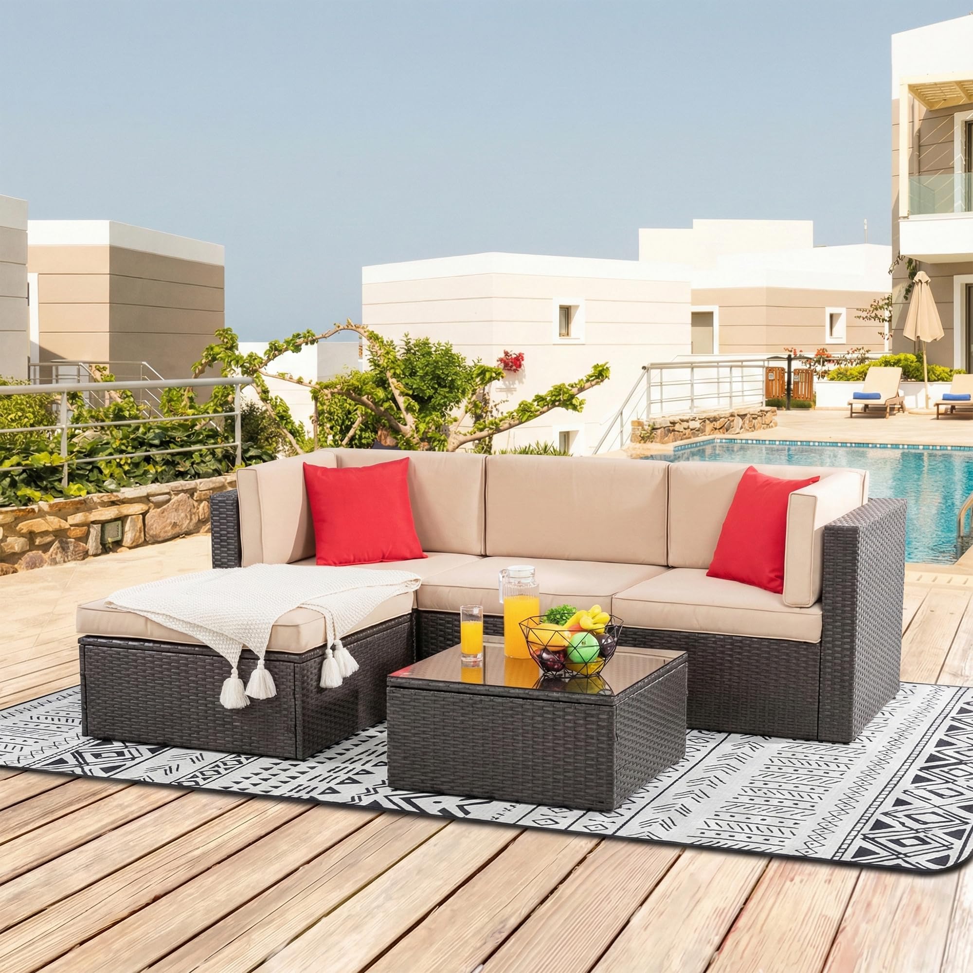 BRISHI Outdoor 4 Seater Sofa Set | Balcony Sofa | Patio Furniture Sets | Conversation Sets | Wicker | Garden | Balcony | (Brown-Cream)