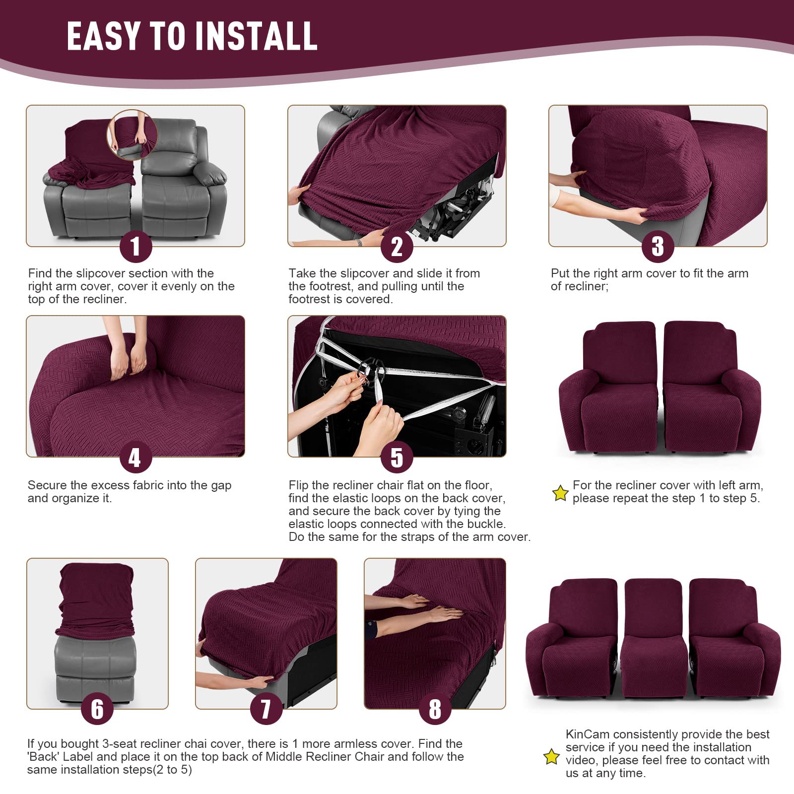KinCam Recliner Sofa Covers, Stretch Reclining Couch Covers for 3 Seat, Sofa Slipcovers Stripe Jacquard Recliner Covers Furniture Protector Covers with Elastic Bottom for Kids, Pets (Burgundy)