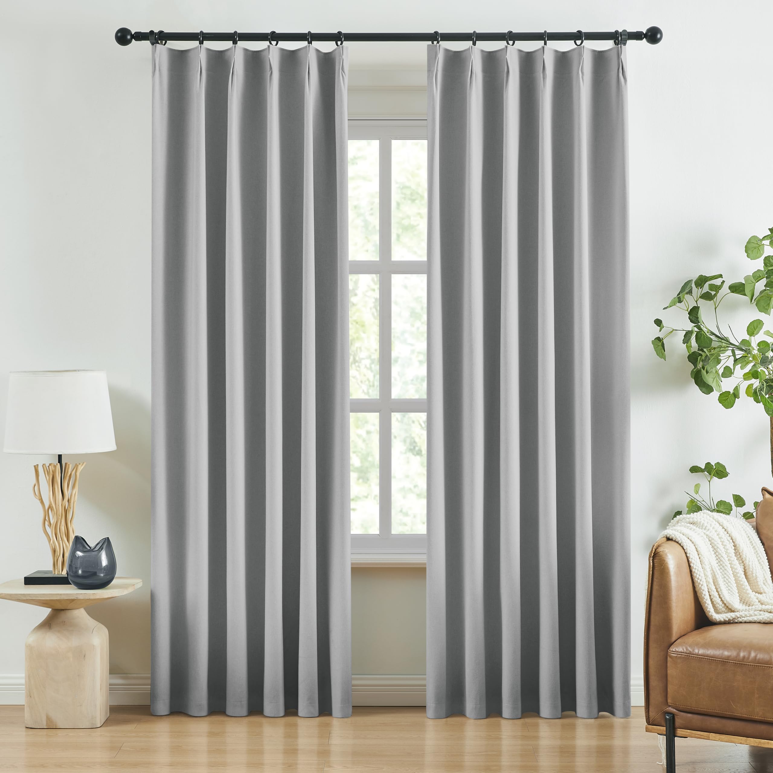Jubilantex Grey Pinch Pleated Full Blackout Curtains 63 Inches Long Faux Linen Curtains Farmhouse Thermal Insulated Window Treatments Set with Hooks