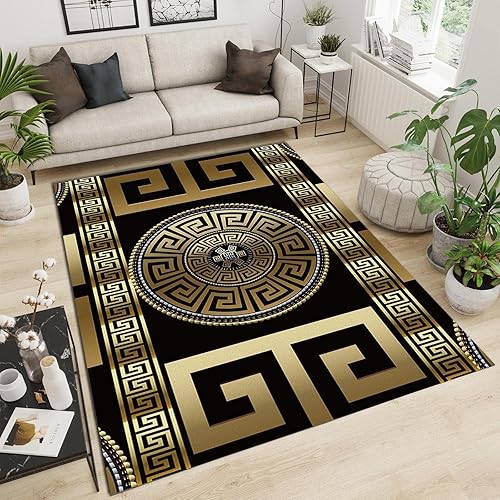 Miniatura 3 de Alfombra retro de 3 x 5 pies, color negro y dorado, con llave griega, lavable, con estampado geométrico 3D de meandro dorado, con respaldo
