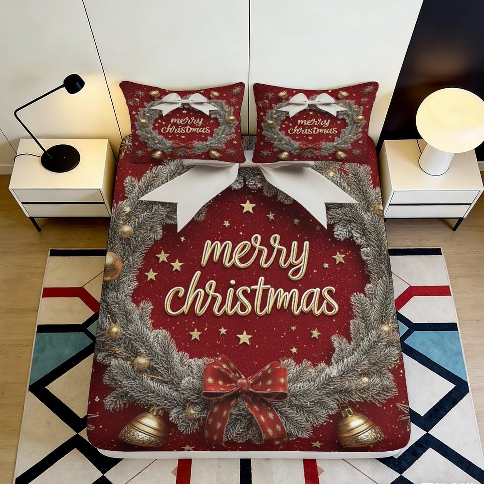 Pnayamiorkfel Style-5 3D Printed Christmas Wreath Fitted Sheet Microfiber Red Gold Merry Christmas Bed Cover For Bedroom Guest Room Decor 90X200x25cm