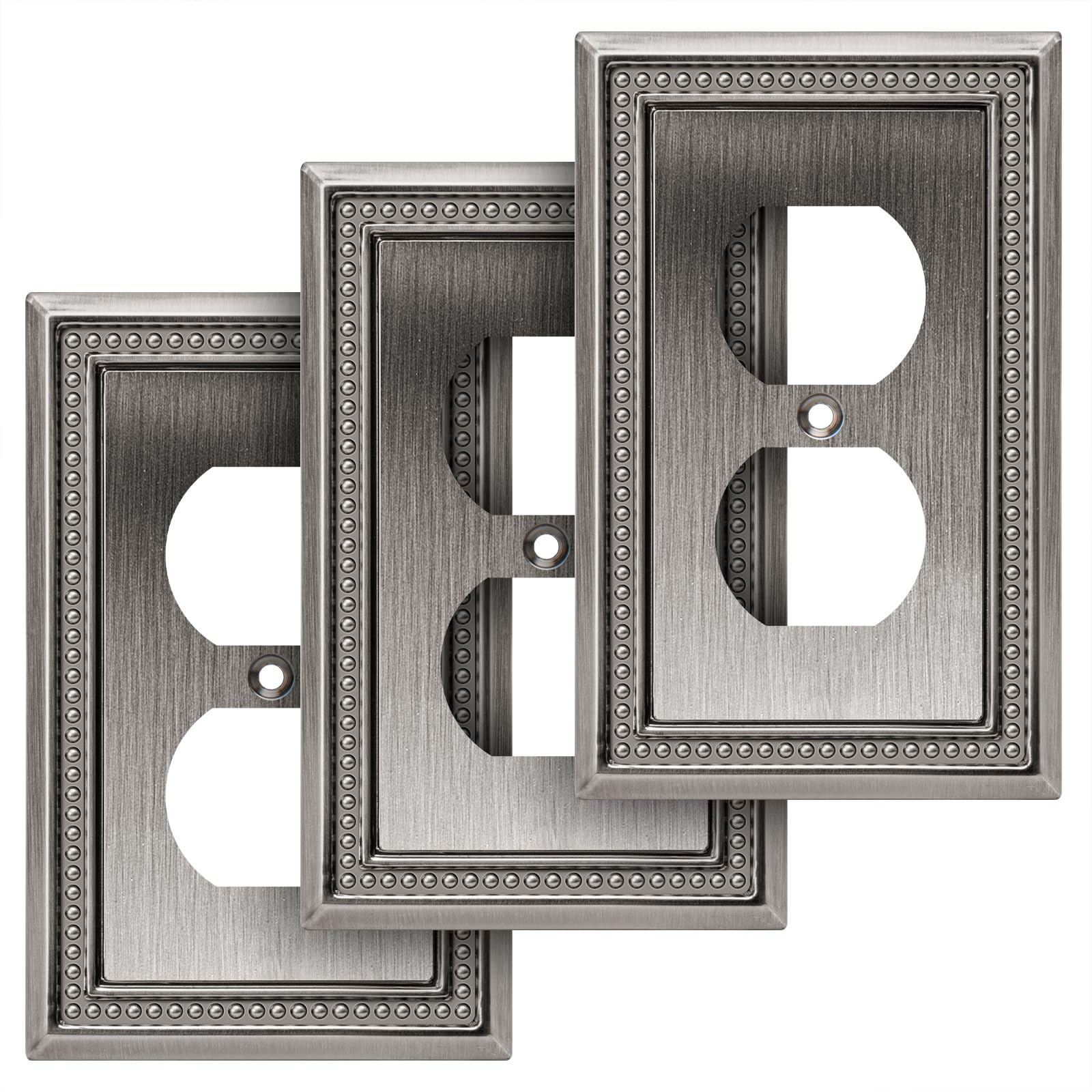 Henne Bery Sunken Pearls Heavy Duty Decorative Wall Plate Switch Plate Outlet Cover (Single Duplex, 3 Pack, Heirloom Silver)