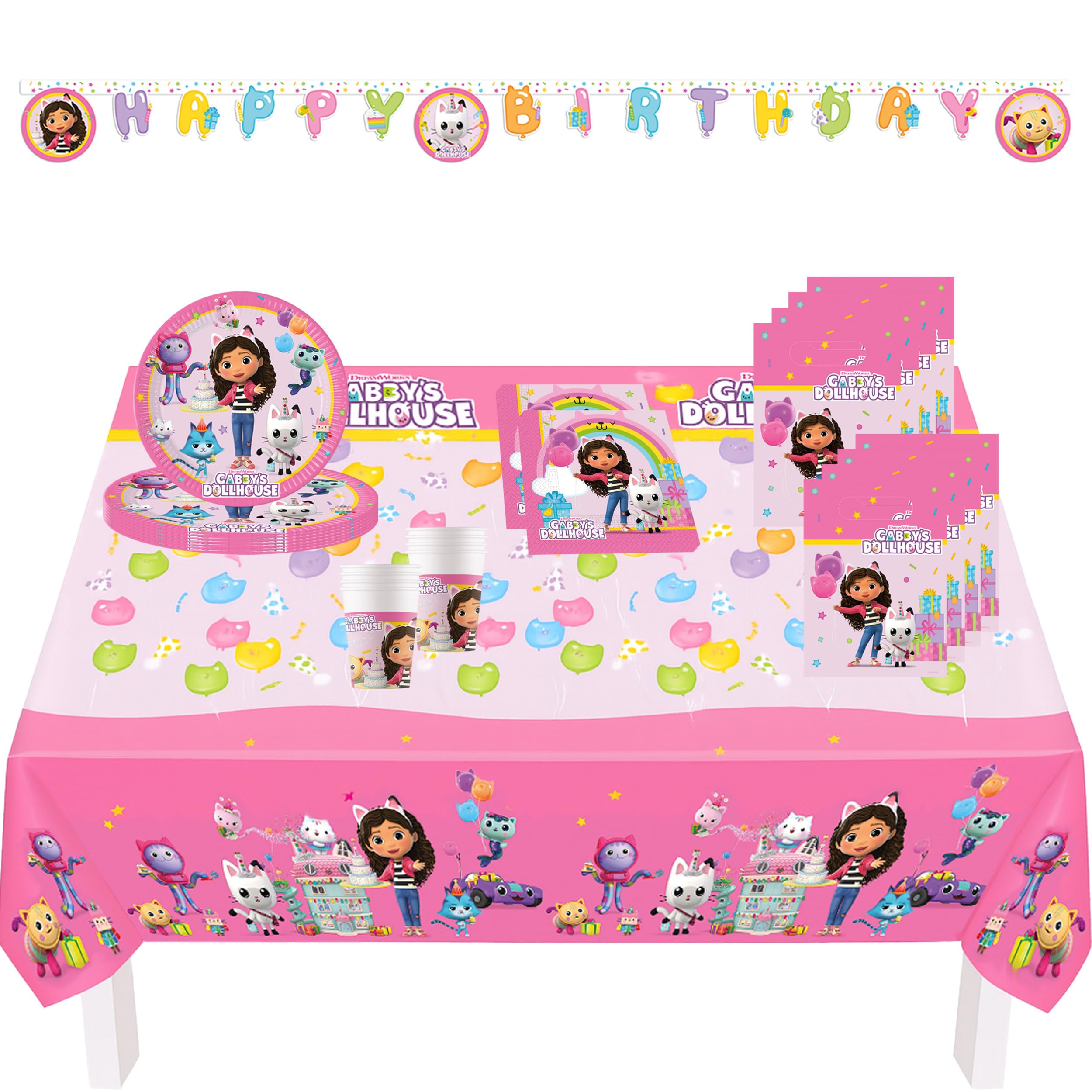 Procos PRO10245290DY - Party Set XL Gabby's Dollhouse, 46-Piece Set, Plates, Tablecloth, Cups, Napkins, Bags, Banners, Tableware Set, Children's Tableware