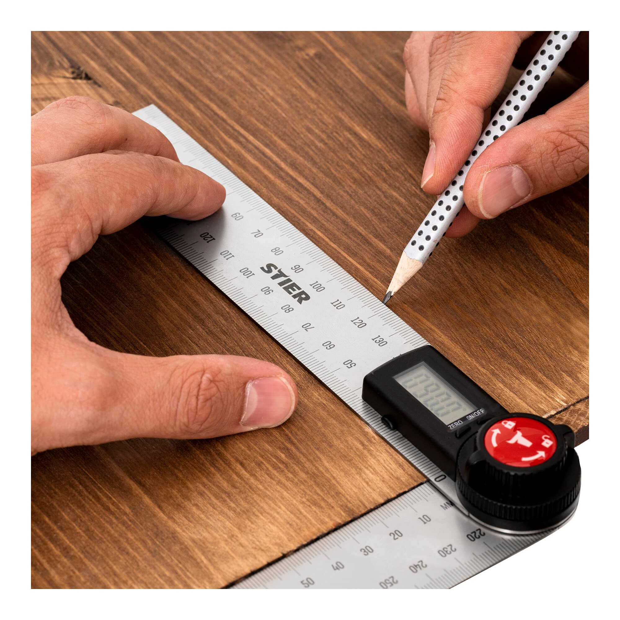STIER Digitaler Winkelmesser SDW 200, Winkelschmiege mit Feststellfunkion, LCD-Display ±0,3° rostfreier Stahl 200 mm, Lineal aus Edelstahl, relativeund absolute Winkelmessung
