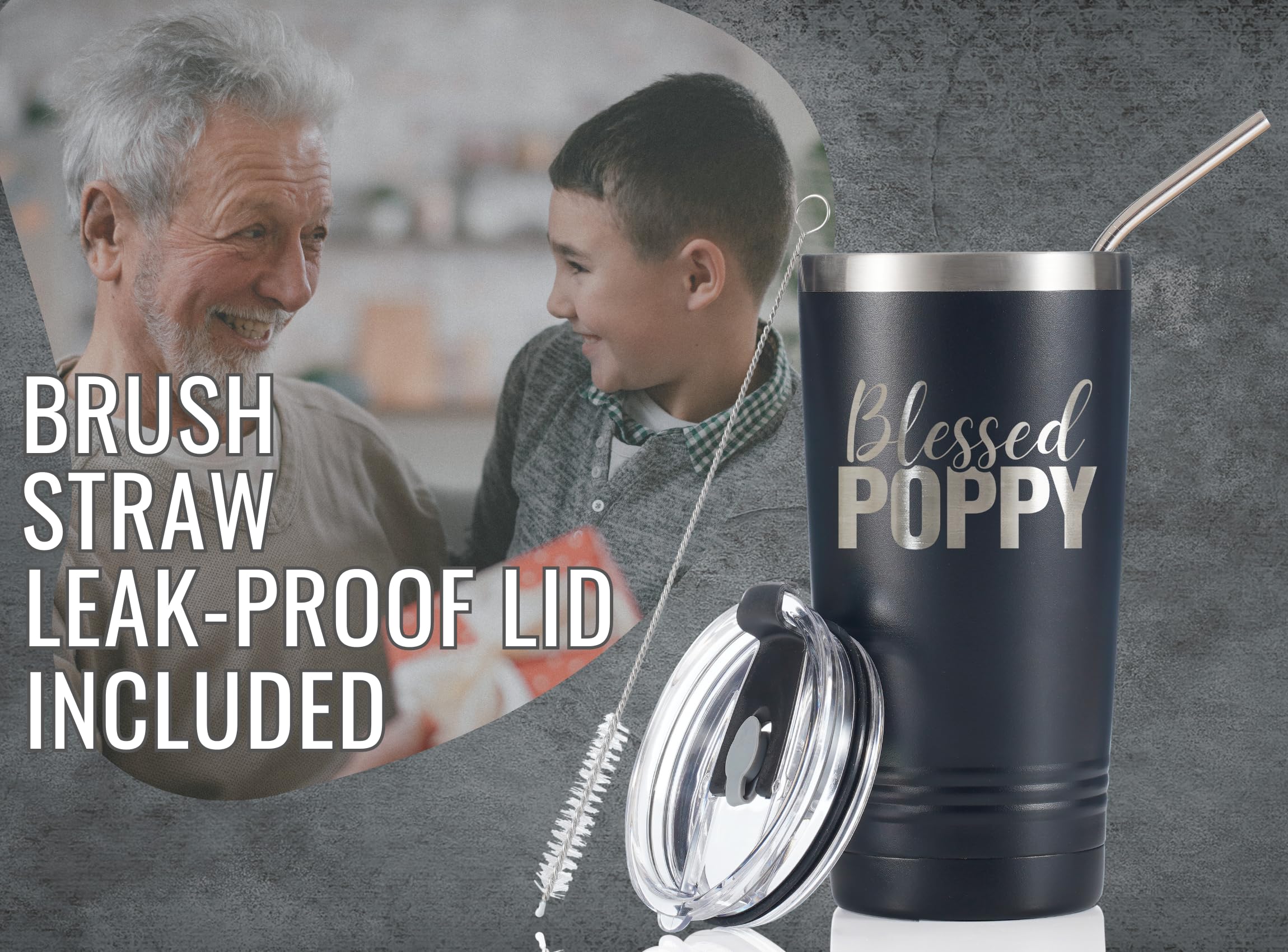 Onebttl Poppy Gifts, Grandpa Gifts from Grandchildren, Father's Day Gifts for Poppy, Laser Engraved Design, 20oz/590ml, Stainless Steel Tumbler with Straw & Lid, Black - Blessed Poppy