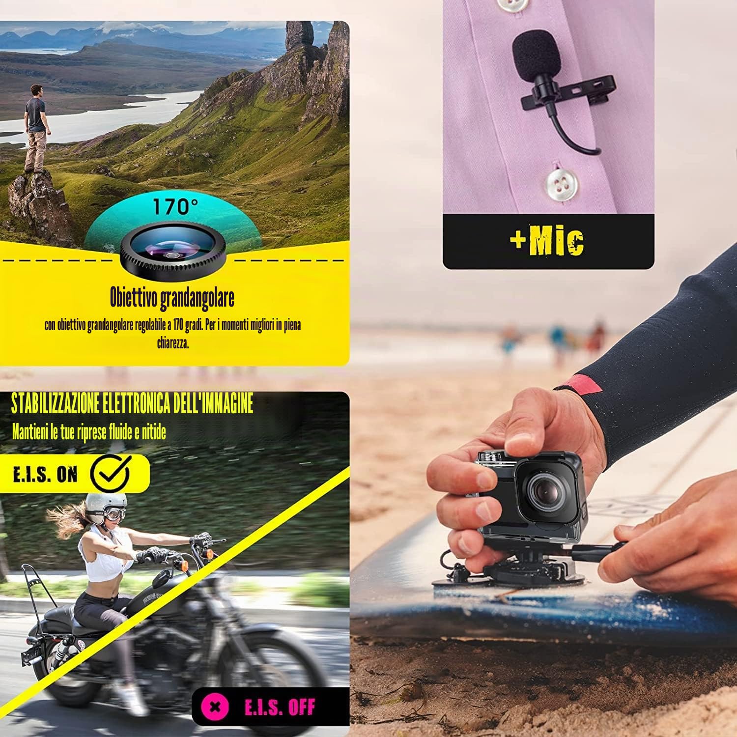 icefox Action Cam, 20MP Action Cam 4K con Touch Screen, impermeabile fino a 40m sotto l'acqua, Stabilizzatore EIS, con Microfono, grigio scuro
