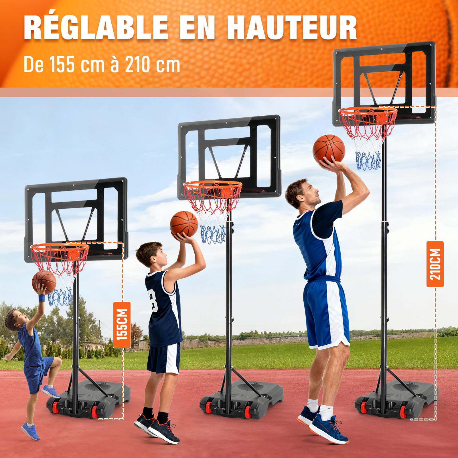 LEADZM Panier de Basketball Extérieur avec Support et roulettes, 2 Filets, pour Enfants et Adolescent, Support de Basketball pour Jardin et Cour, Hauteur Réglable de 155-210 cm (Noir)