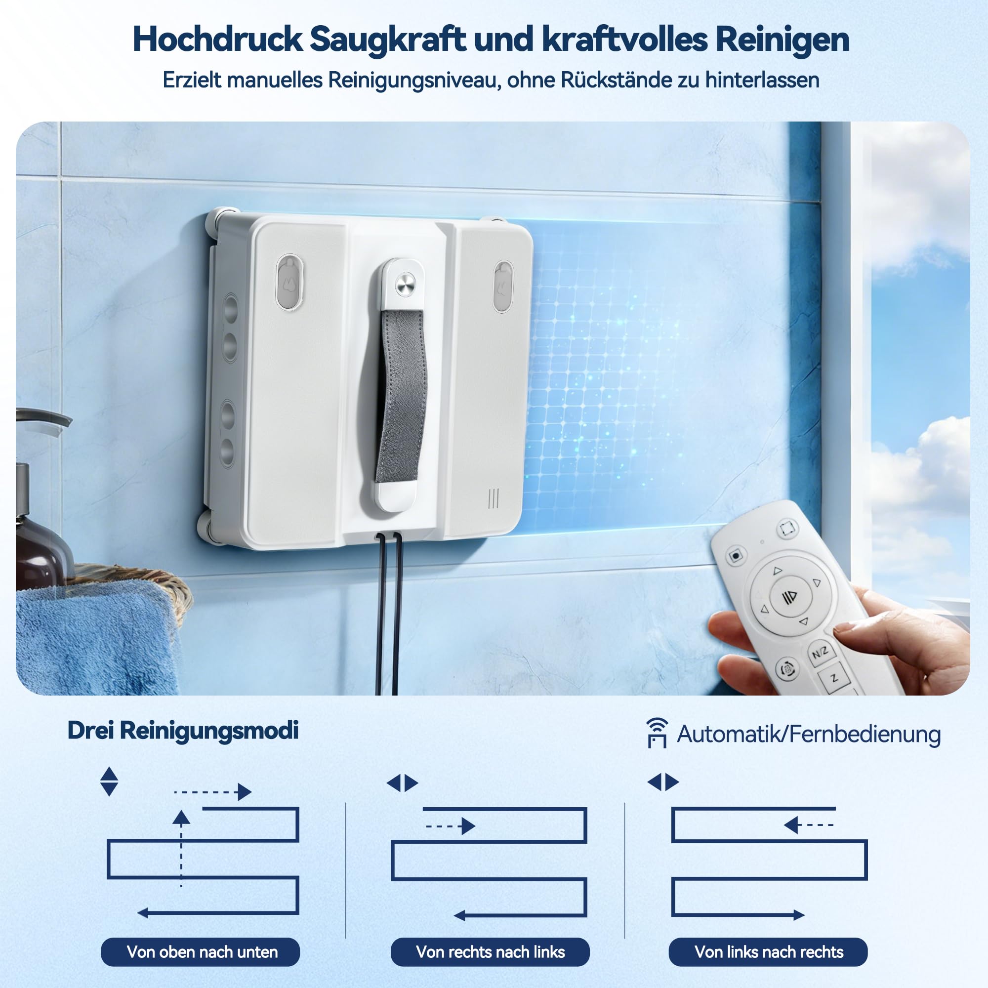 Fensterputzroboter mit 200ML Wassertank, Saugkraft 5000Pa, 8 Düsen Wassernebel, Leiser Betrieb, 3 Reinigungsmodi, Intelligente Wegplanung, Randerkennung, Inklusive 4 Reinigungstüchern