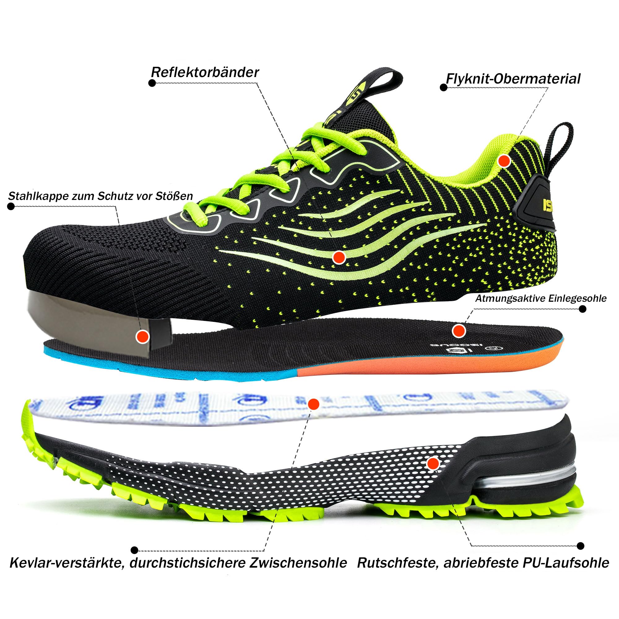 ISOOUS Sicherheitsschuhe Herren Damen Arbeitsschuhe Leicht Atmungsaktiv rutschfest Stahlkappe Schutzschuhe