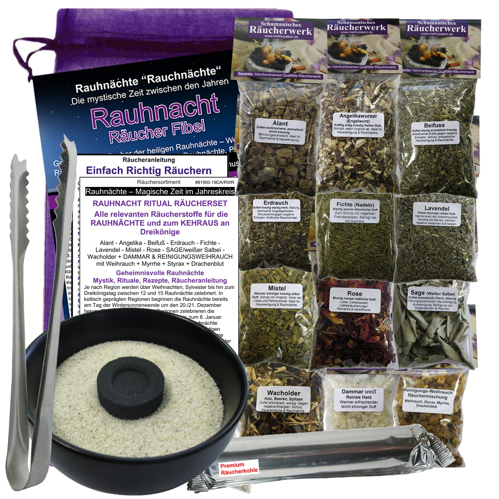 RAUHNÄCHTE Räuchern 20-TLG Rauhnacht Ritual Räucher Set [GESCHENKSET] 12x Räucherwerk mit Angelika, Sage, Weihrauch, Myrrhe, Styrax UVM. 8X ZUBEHÖR mit RÄUCHERSCHALE. 81900-19SZ