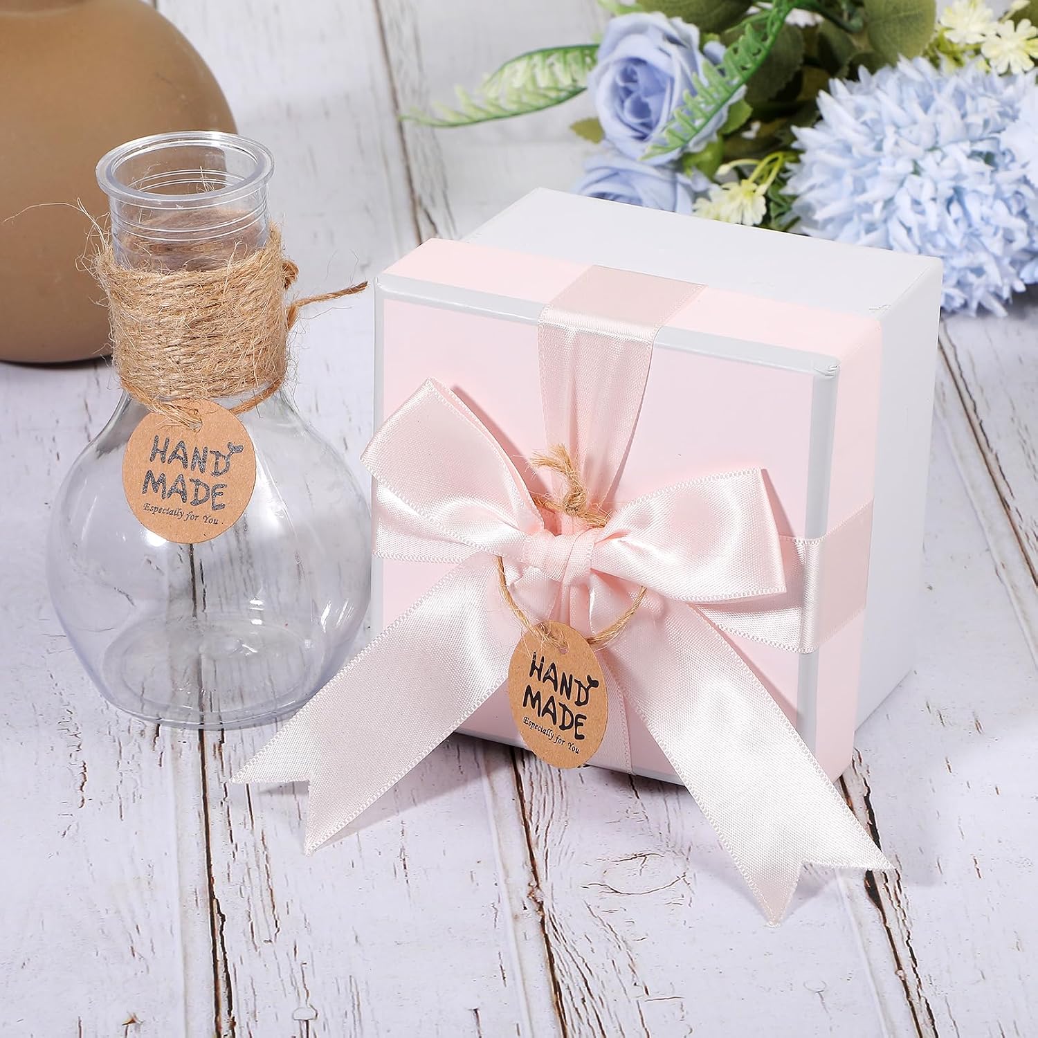 TIESOME 200Pcs Handmade Tags, Brown Paper Gift Labels with Twine String 1.2” Round for Home Made Crafts Candle Tins Wedding & Birthday Party Favors