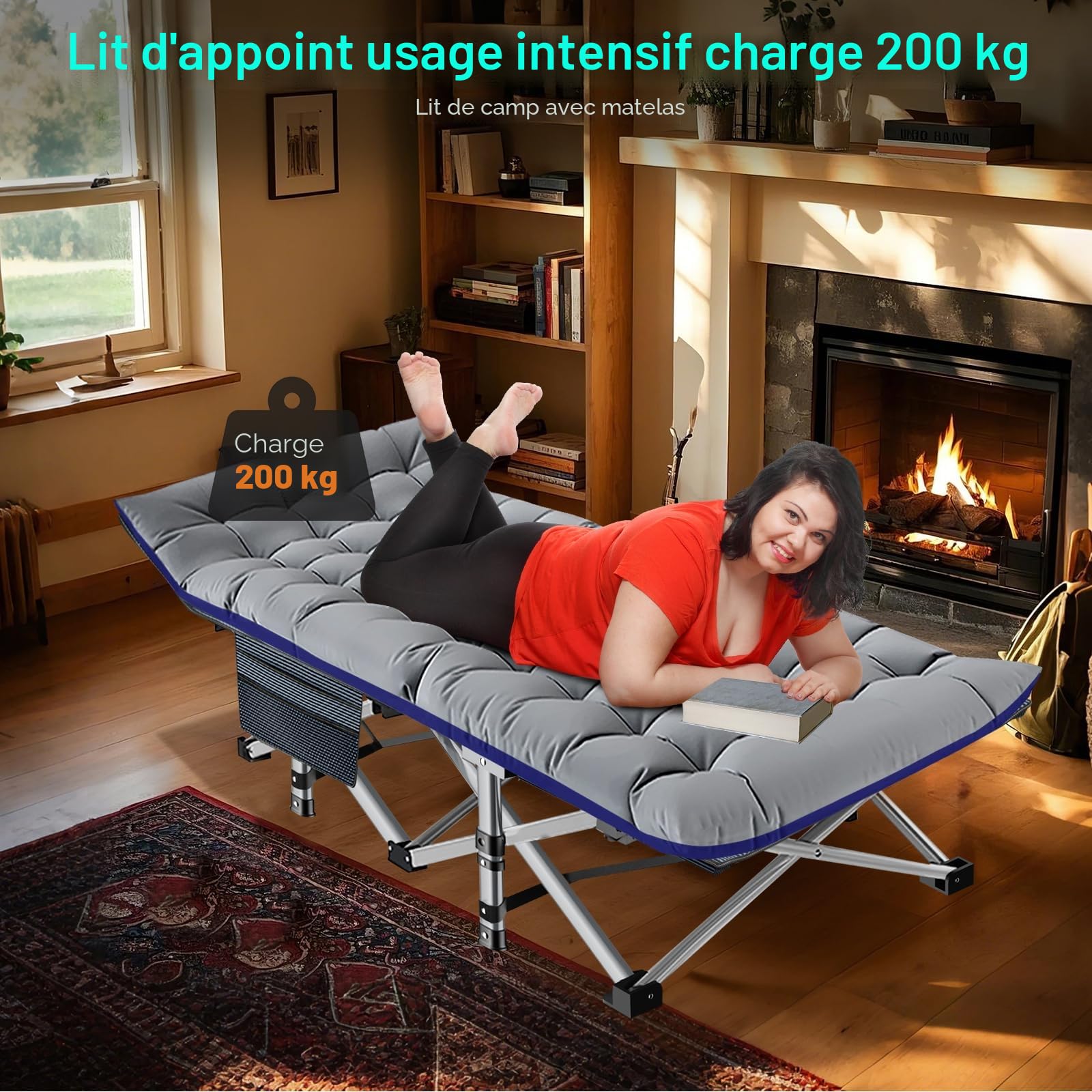 Lit de camping pliable avec matelas et poches latérales, capacité de charge 200KG, lit pliant pour invités, cadre en acier et toile Oxford, lit de camp pliable, 190 x 71 x 36 cm, convient pour