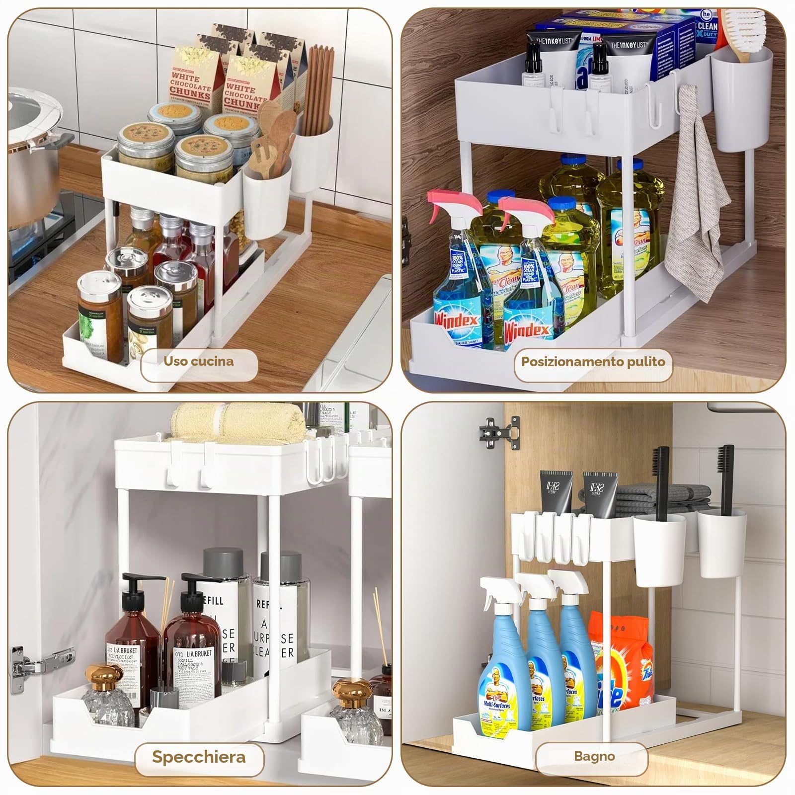 KOOSREEL Armadietto sotto lavello a 2 livelli, scorrevole organizer sotto lavello ripiano cassetto portaoggetti multifunzione per bagno, ripiano sotto armadio, ripiano per lavastoviglie - bianco