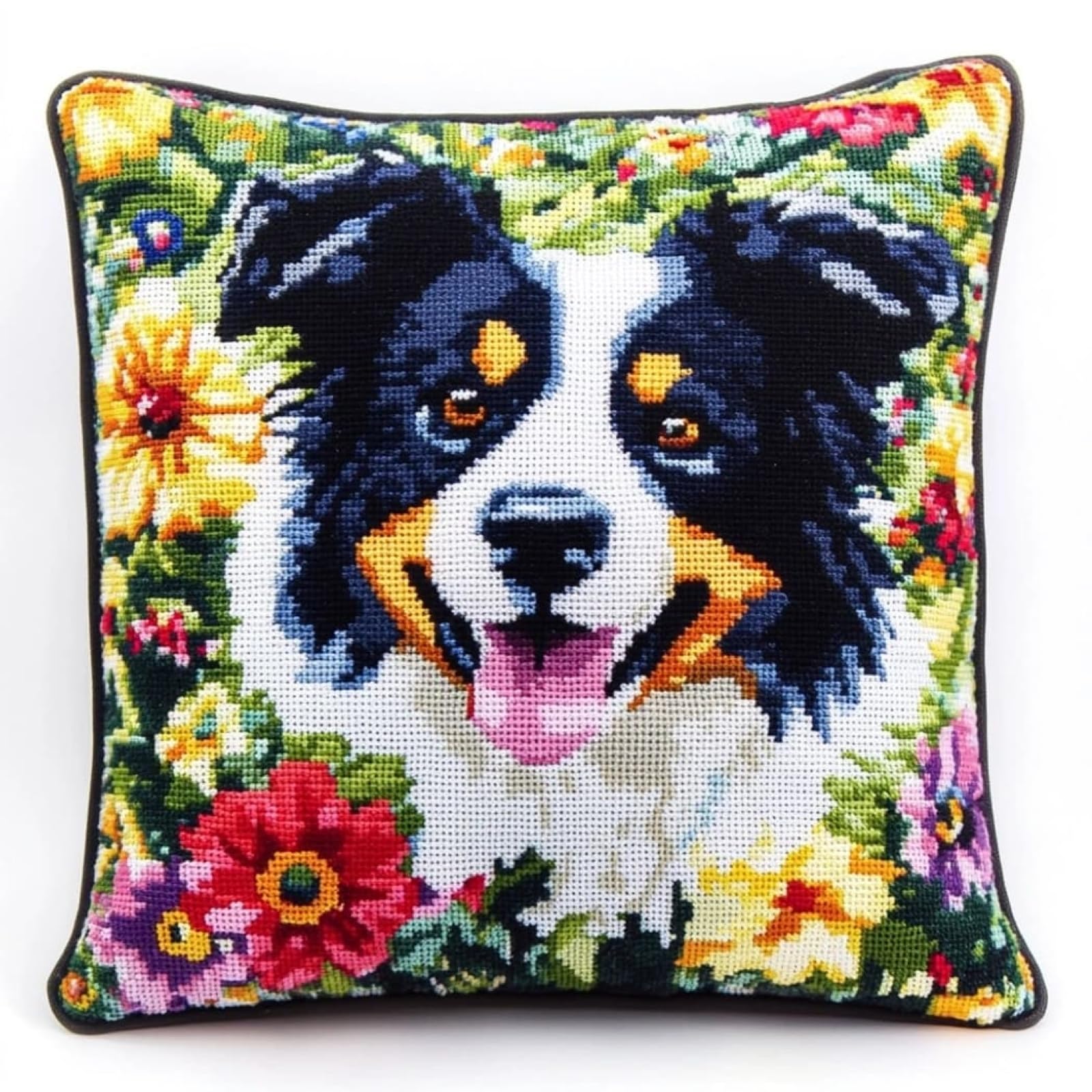 WallustrioaW Cross Stitch Pillow Kits for Adults,Border Collie in the Flowers DIY Cushion Embroidery Kit 45x45cm Needlepoint Handmade Needlework Cushion Kit
