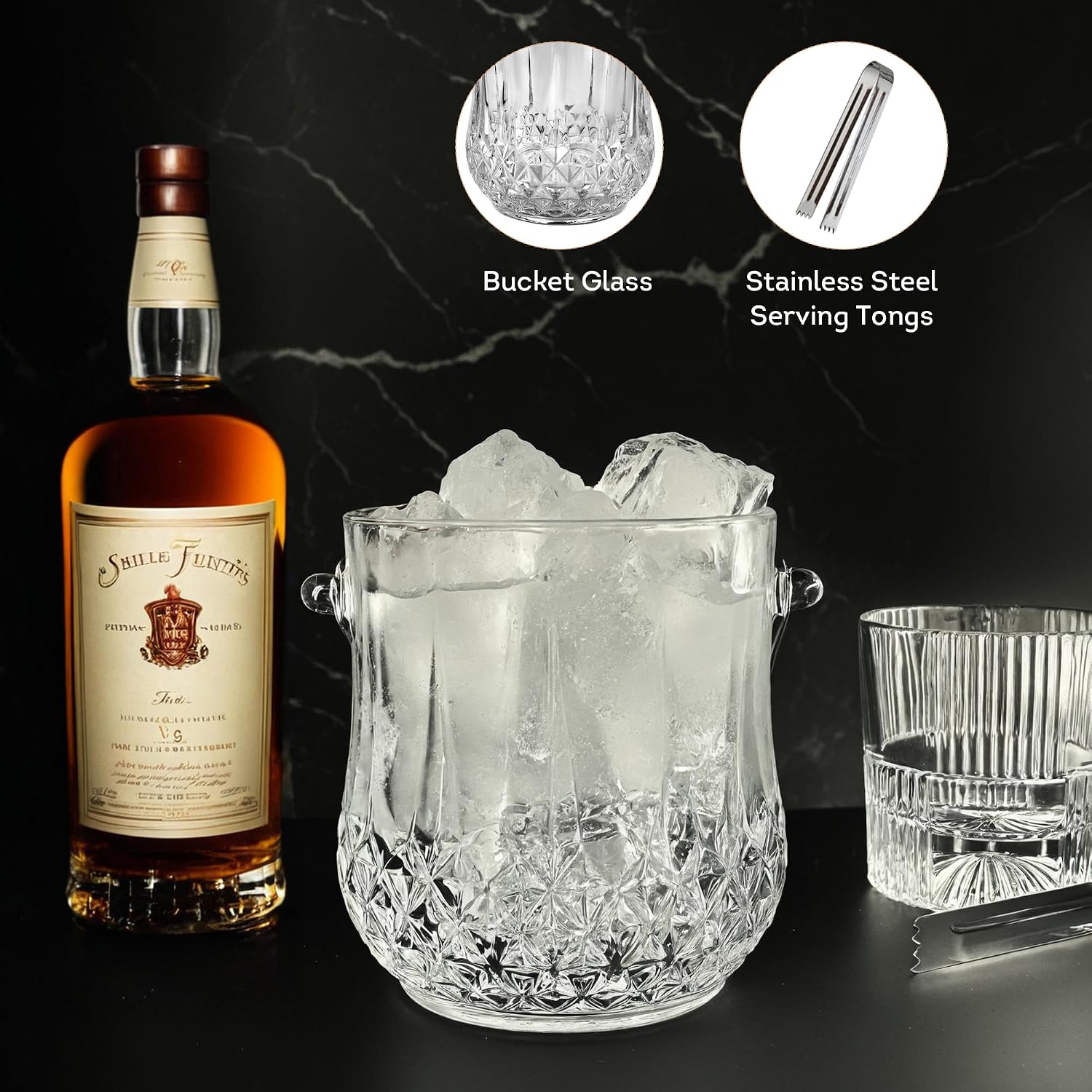 Lily's Home 1000ml -4.62" L x 4.62" W x 8.5" H - Glass Ice Bucket with Handle and Stainless Steel Tongs, Sparkling Ice Buckets, for Party,Wine Home Bar, Beer, Champagne, Cocktail Bar, Mini & Portable