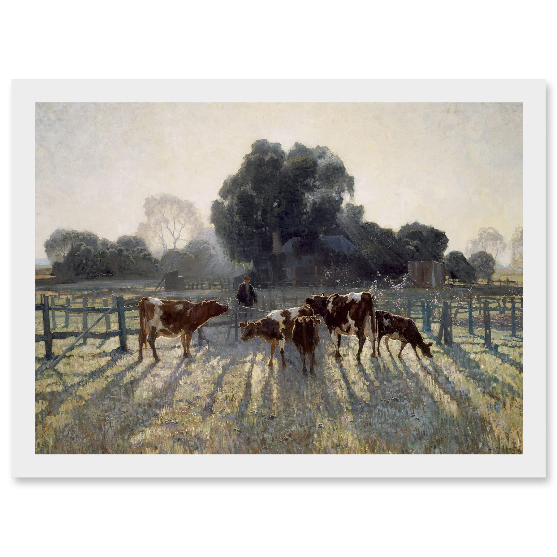 Artery8 Elioth Gruner Spring Frost Livestock Cows Australia Painting Artwork Framed Wall Art Print A4
