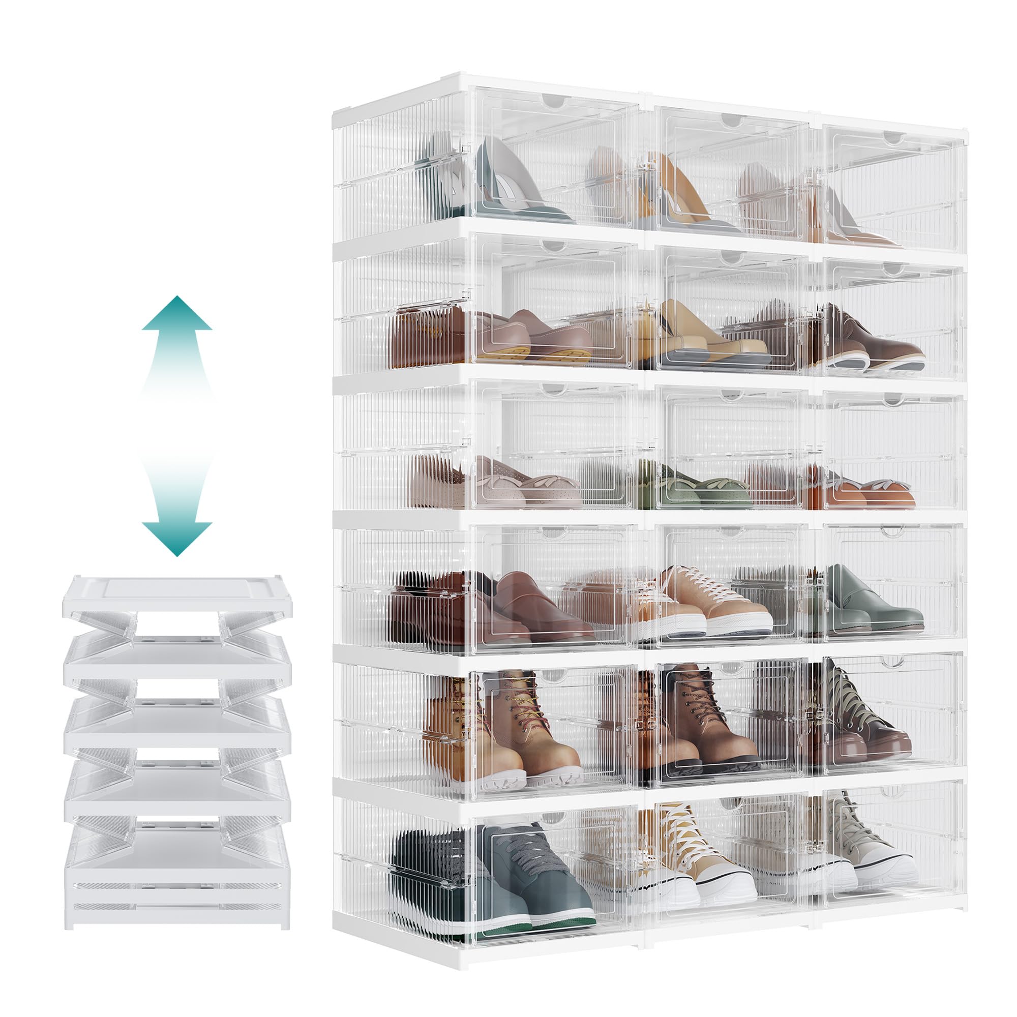 SONGMICS Cajas para Zapatos, Juego de 18 Organizadores Apilables para Zapatos, Juego de 3 Zapatero Plegable y Portátil, hasta talla 46, Montaje en 60s, Transparente y Blanco Nube LSP207W01
