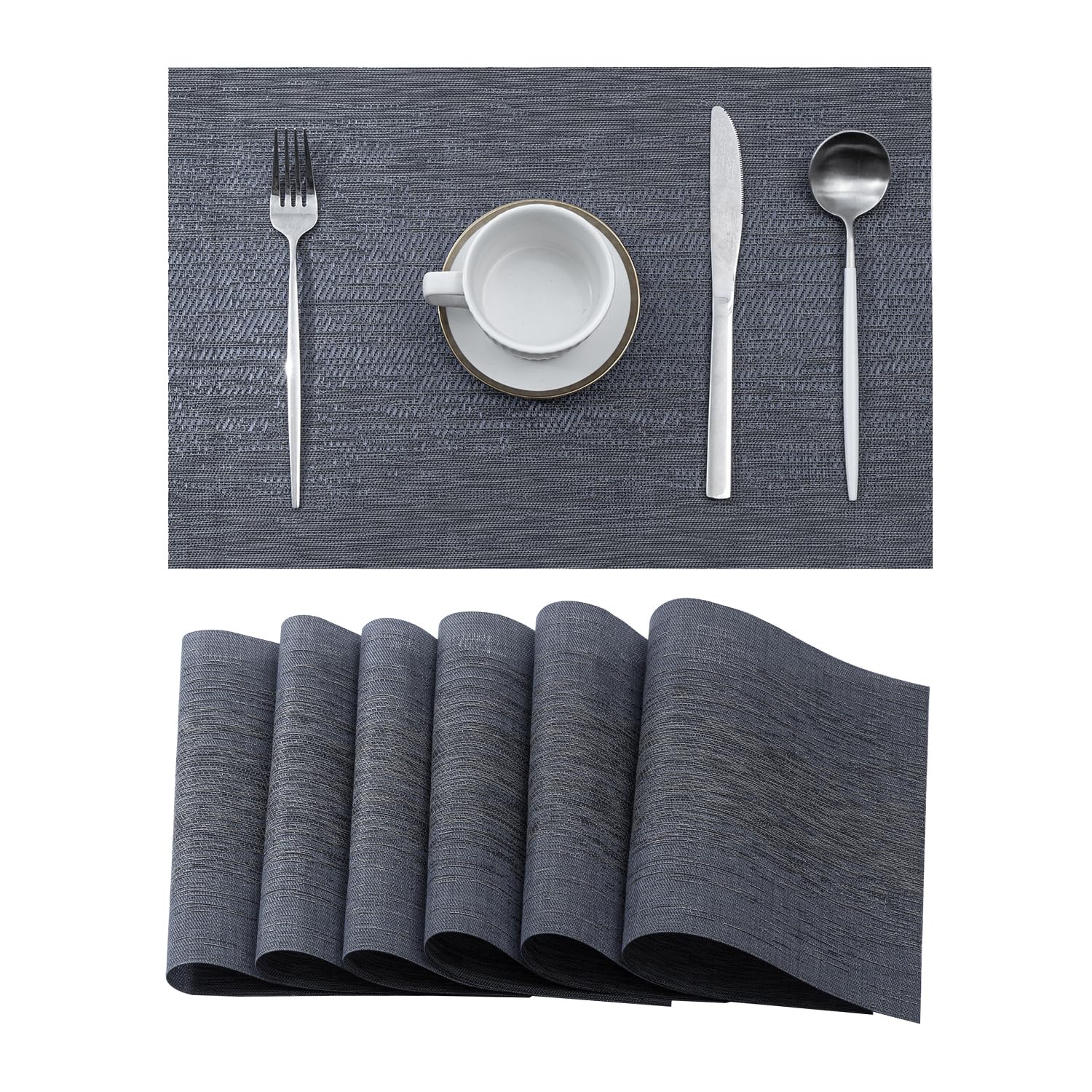 Leetaltree Denim Blue Placemats Set of 6 - Heat Resistant Non-Slip Place mats for Dining Table, Washable Durable PVC Vinyl Woven Table Mats(Denim Blue, 6) — image 1