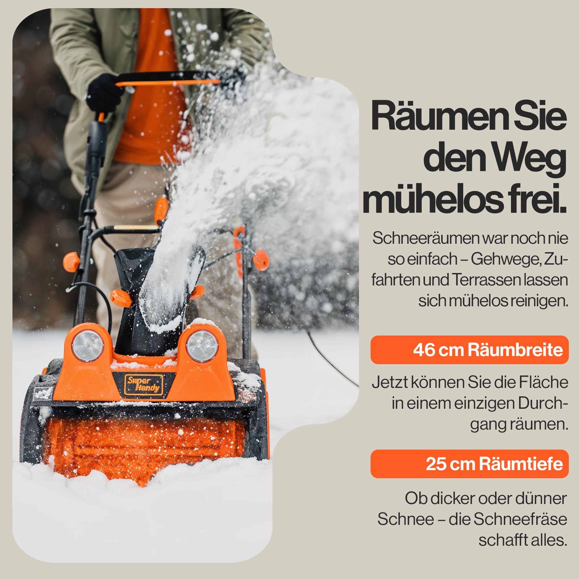 SuperHandy Elektrische Schneefräse mit Kabel, 46×25 cm Räumbreite, 7 m Wurfweite, 320 kg/Min Kapazität, LED-Scheinwerfer, ideal für Einfahrten, Gehwege und Höfe