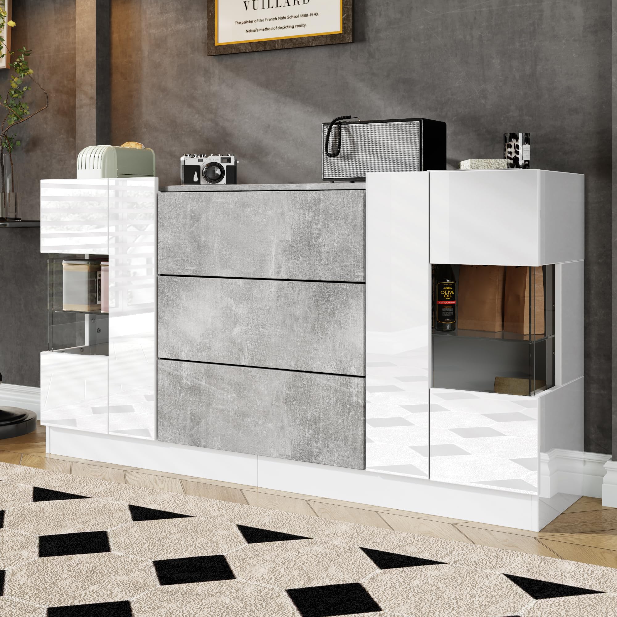 Azkoeesy Aparador 140 cm Vitrina LED Puertas Cristal 3 Cajones Mueble TV Buffet Gris Blanco Brillante