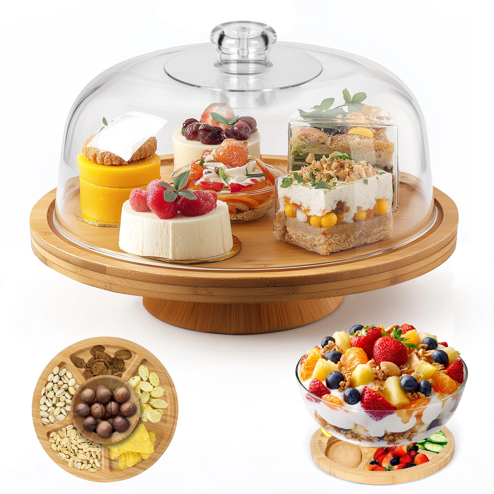 Masthome 6-in-1 Multifunktionaler Tortenständer aus Bambus mit Plastik-Abdeckhaube und Standfuß – Verwendbar als Unterteilte Servierplatte und Salatschale für Kuchen, Obst, Snacks und Nüsse