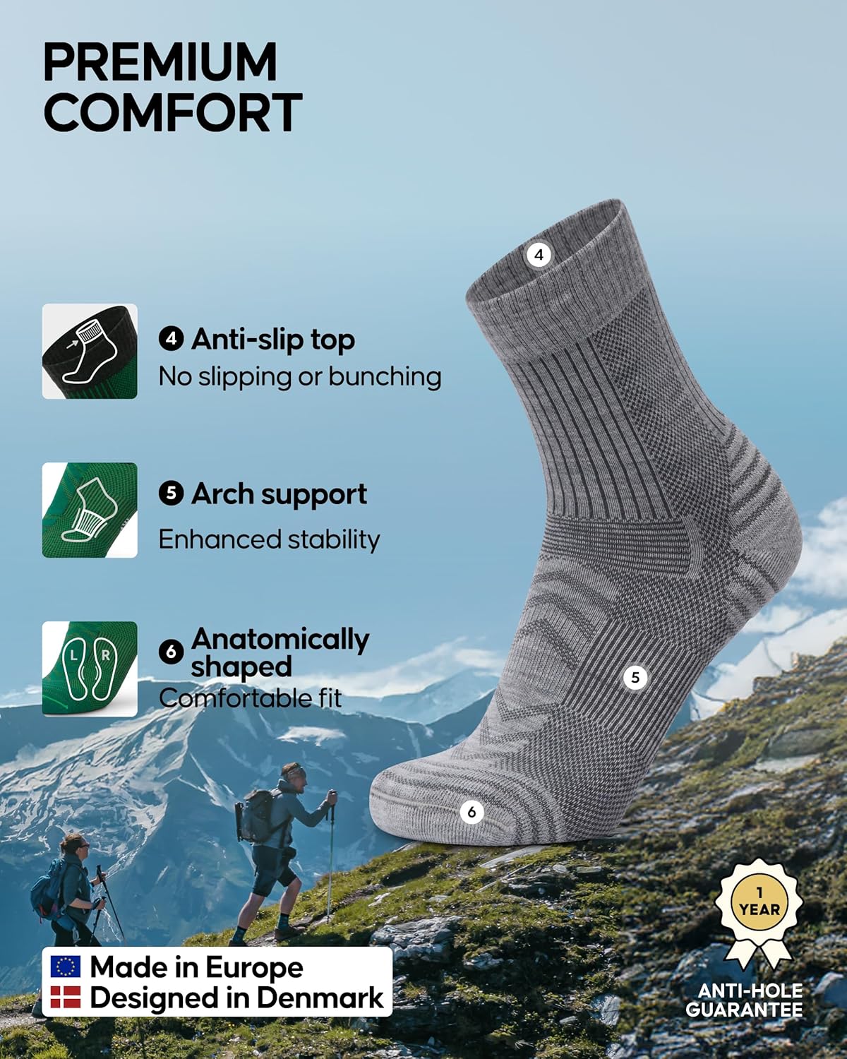 DANISH ENDURANCE Lightweight Merino Wool Hiking Socks, Thin Breathable Summer Walking Socks for Men & Women, 3 or 5-Pack