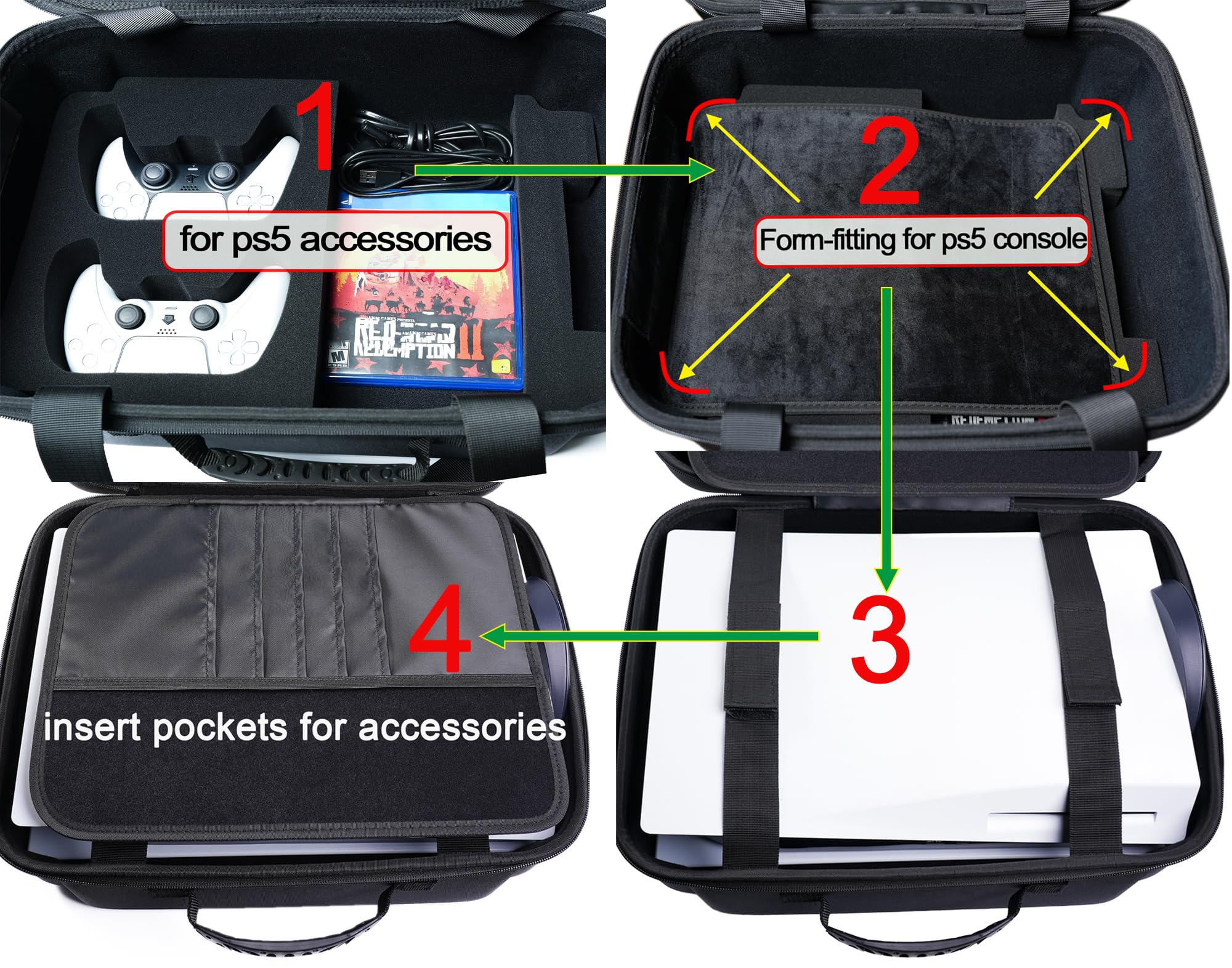 Custodia rigida imbottita per PS5/Pro/Slim, scomparti multipli per PS5 e accessori, tutto in un'unica borsa protettiva imbottita per PS5