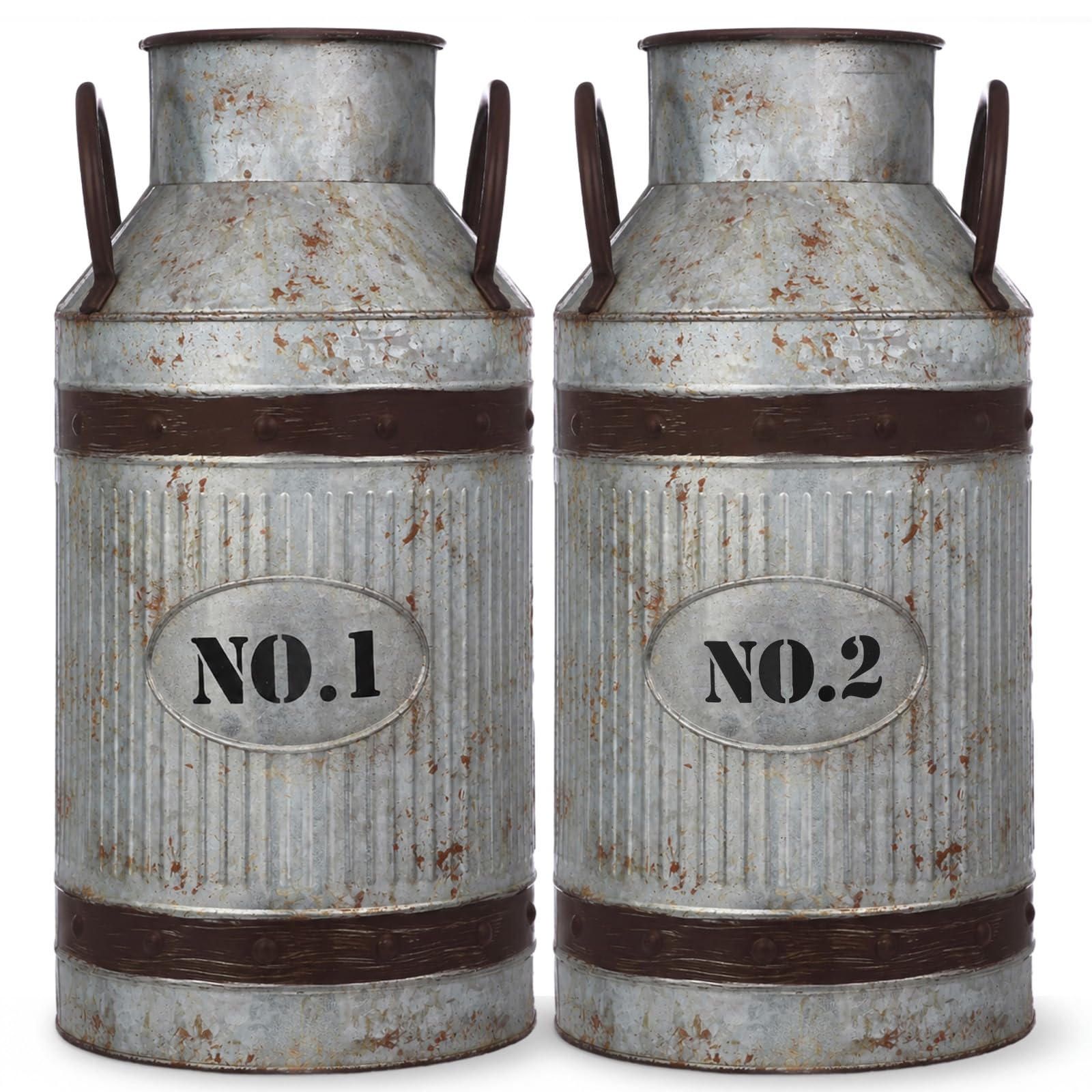 2 Pcs 15.2'' Large Rustic Galvanized Metal Milk Can Vase with Handle