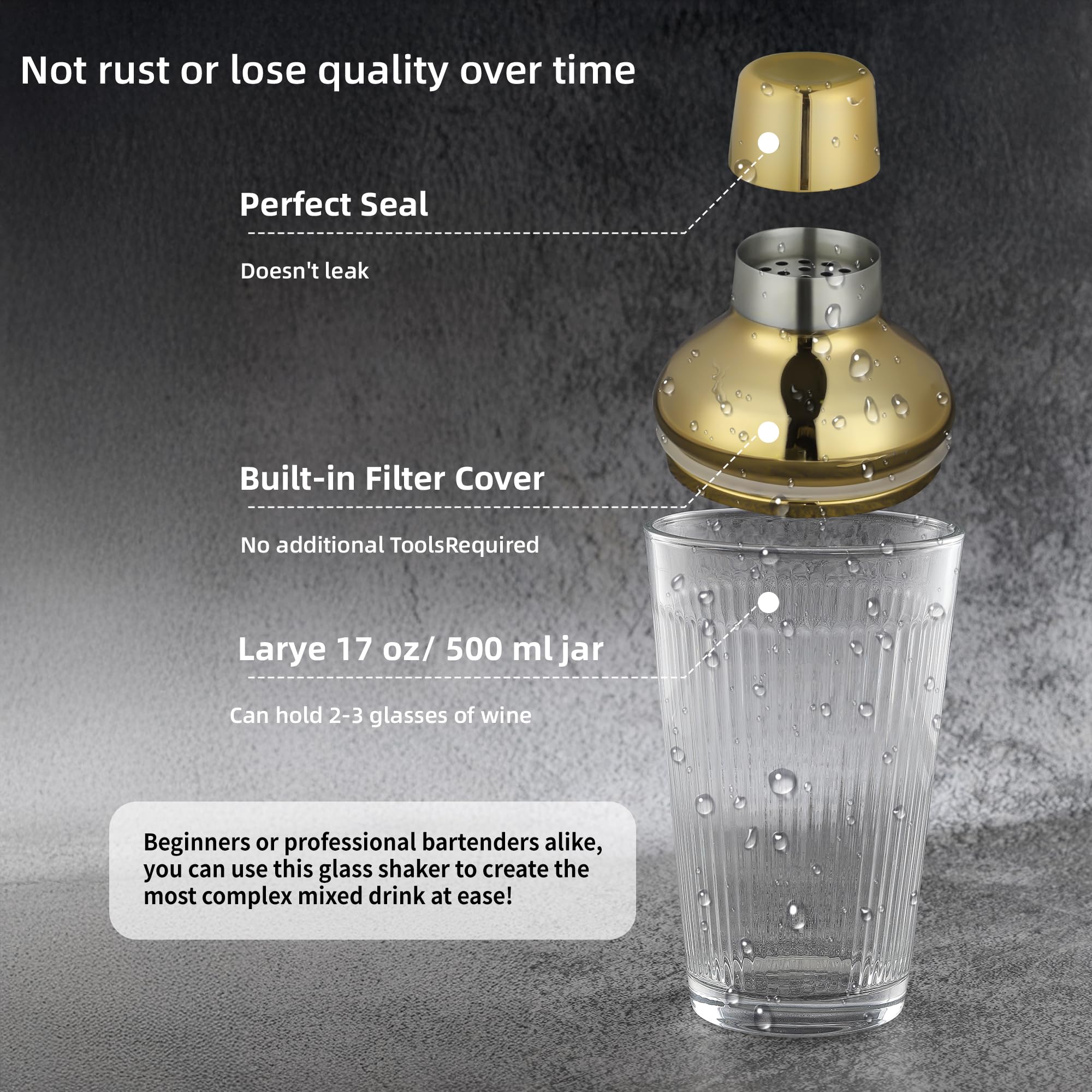 FayuuGem Glass Cocktail Shaker, Martini Shaker with Strainer for Bars, Whiskey, Cocktails 17oz (Gold)