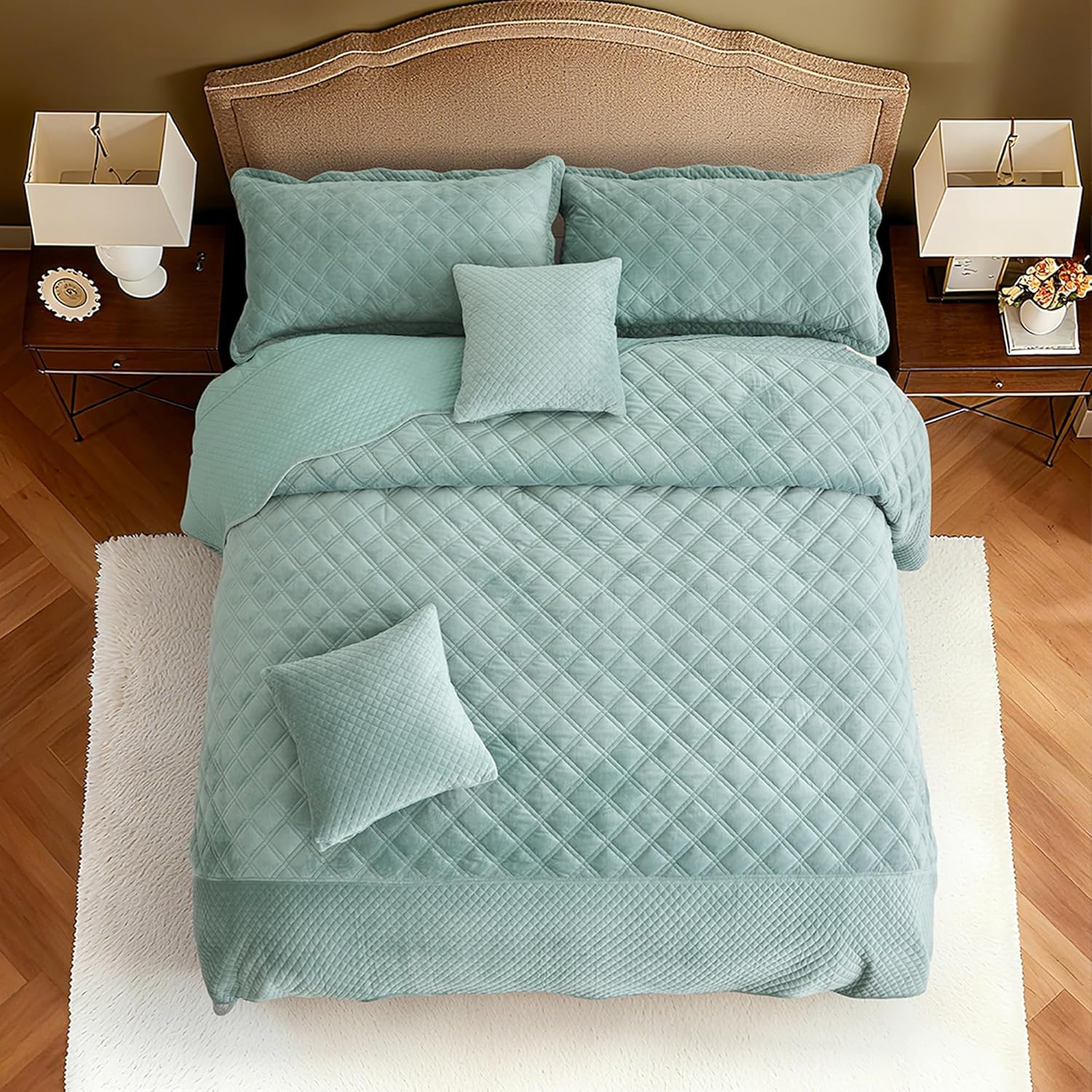 Oversized Velvet Quilt King 128x120 Extra Wide – Reversible Velvet Bedspread & Coverlet Set, 5 Piece Lightweight All Season Comforter Bedding, Geometric Diamond Quilted Design, Seaglass - Image 4