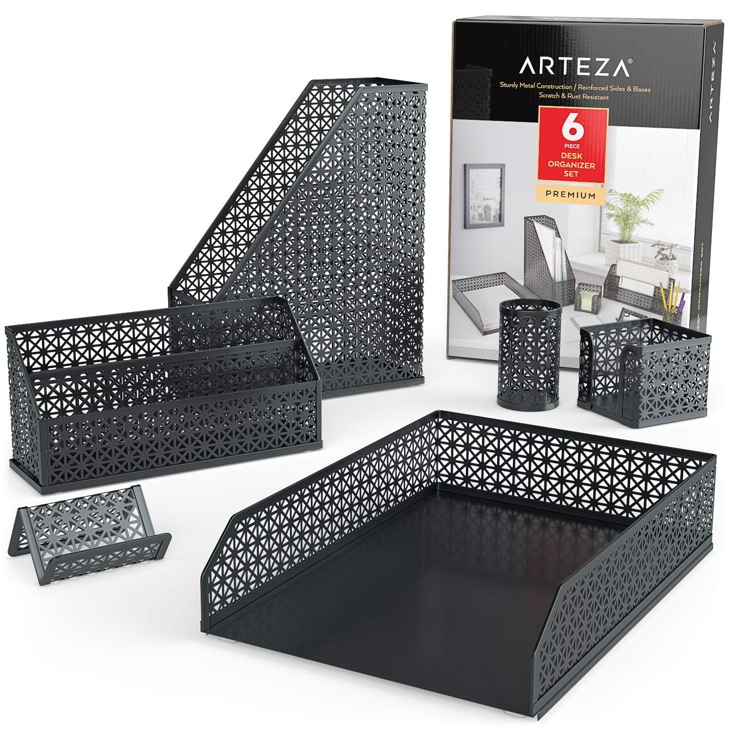 ARTEZA Set Accessori Organizer Scrivania Grigio Scuro, 6 Pezzi: Porta Penne, Porta Lettere, Vaschetta Portadocumenti, Porta Riviste Ufficio, Porta Biglietti Visita, Porta Notes, da Casa o Ufficio