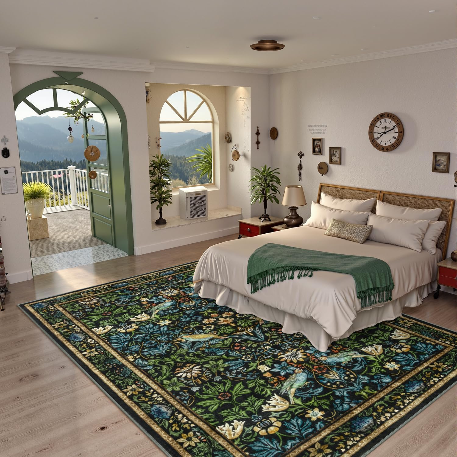 Vintage Washable 8x10 Area Rugs for Living Room, Soft Non-Slip Boho Floral Large Bedroom Rug Low Pile Botanical Dining Room Rug, Navy Flower Birds Floor Carpet for Kids Room Classroom