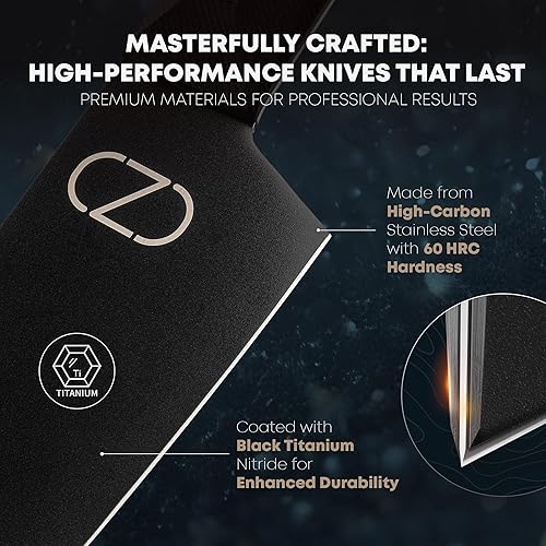 Miniatura 2 de NOVAWARE Juego de cuchillos de cocina de 5 piezas  Juego de cuchillos de chef ultra afilados de 60 HRC, acero recubierto de titanio negro, asas