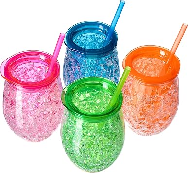 Cute Shape Frosty Freezer Ice Mugs with Straw Clear 11.8oz Set of 4Red, green, blue and orange Oval