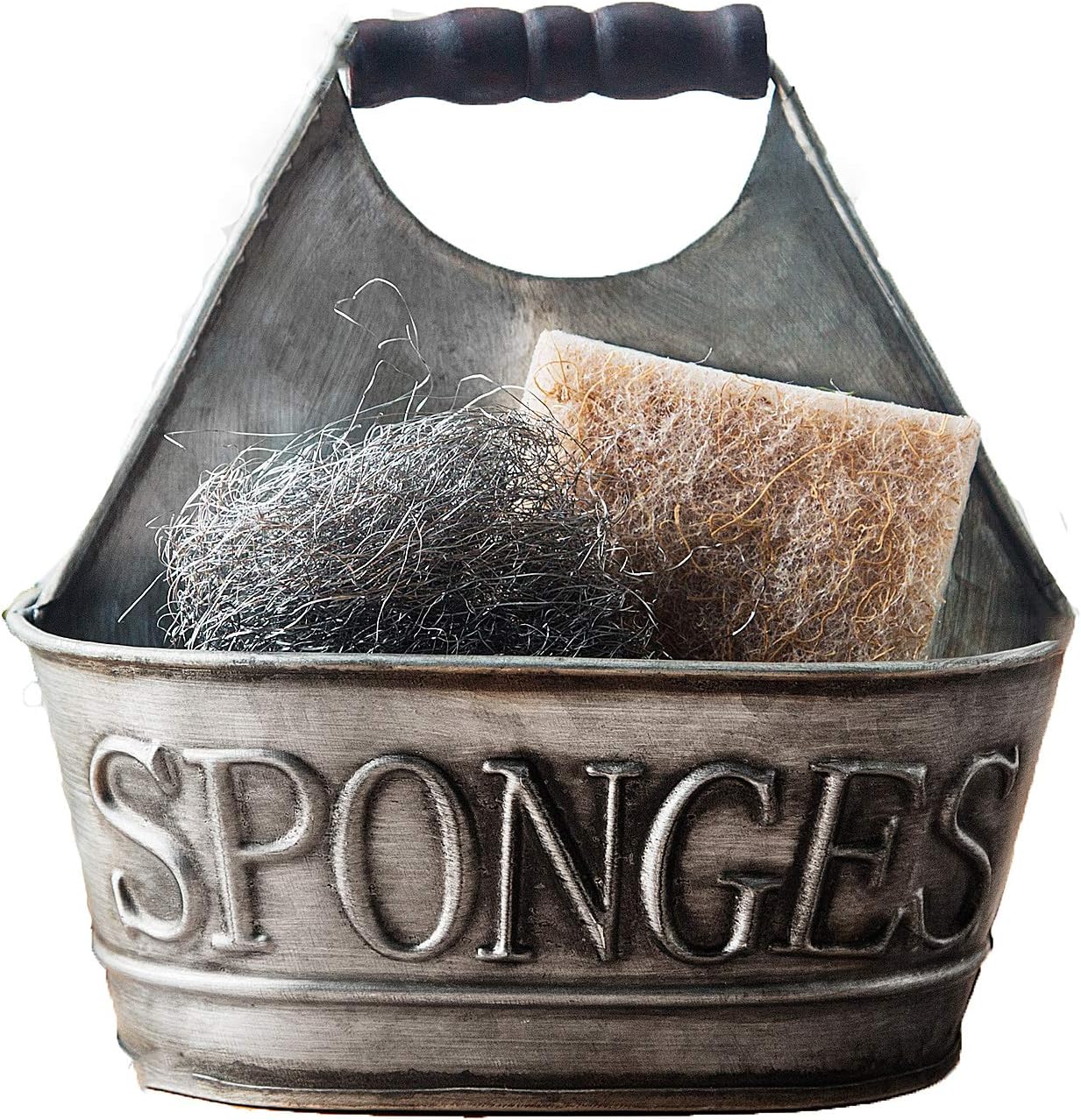 Farmhouse Dish Sponge Holder - For Kitchen Countertop Caddy (7" Galvanized Antique)