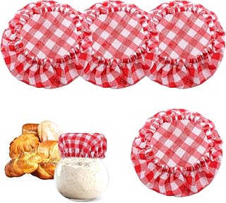 4pcs Sourdough Jar Cover, Cloth Jar Covers for Sourdough, Red Plaid Sourdough Cloth Cover,Reusable Elastic Cotton Mason Jar Cloth Covers for Fit Jars Mouth from 3-4 Inch
