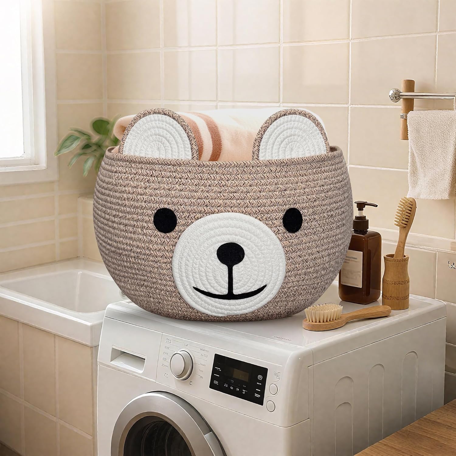 Baby Basket for Nursery - Bear Gift Baskets Empty for Kids Baby Shower Baskets for Toys Diaper Caddy Small Woven Rope Storage Basket for Home Décor Easter basket Light Brown, 16" D x 11" H - Image 6