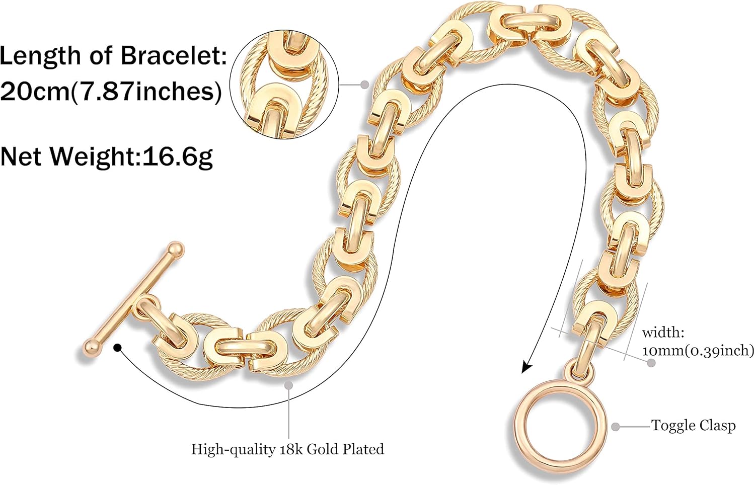 SOFYBJA 18k Gold Plated Personalized Chunky Cuban Oval Link Chain Bracelets for Men Toggle Rope Bracelet Jewelry for Women