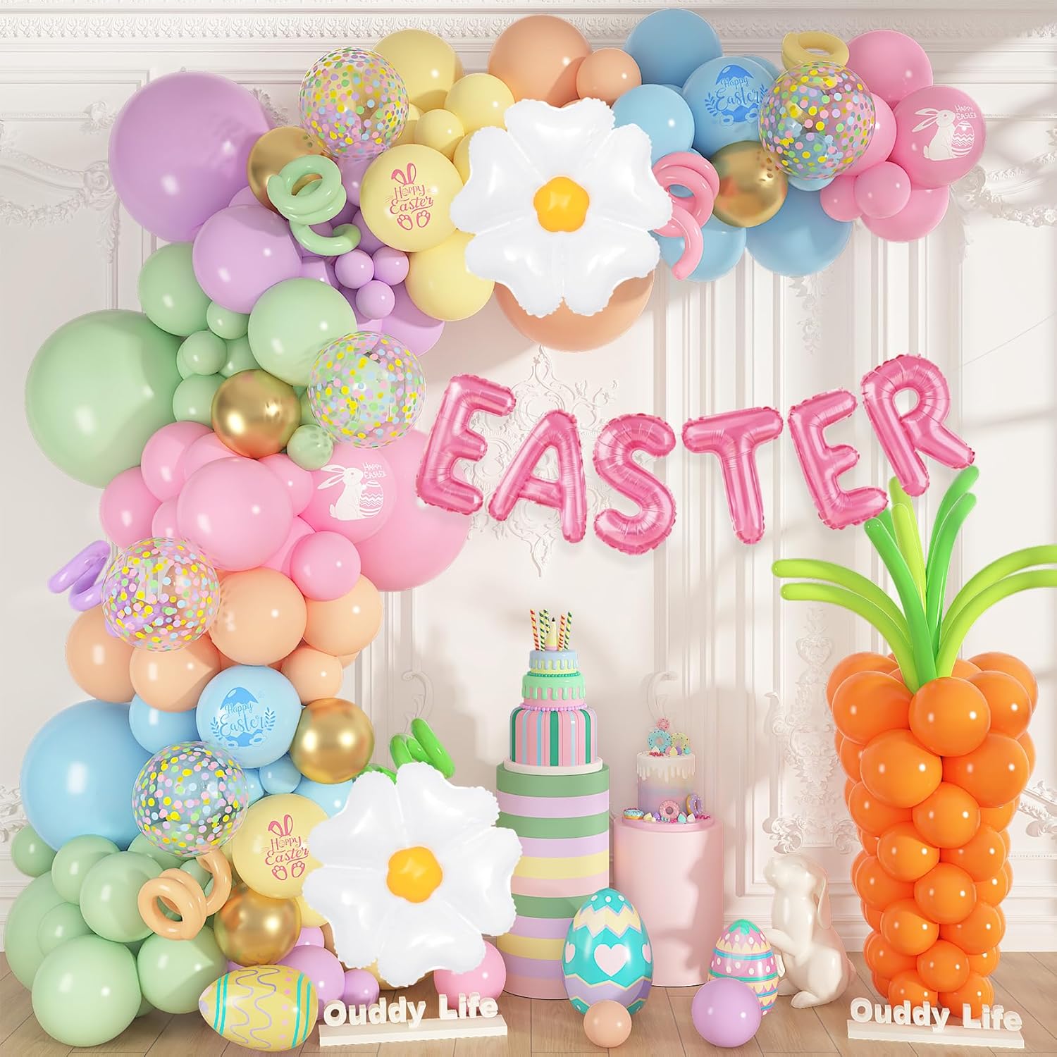 Ouddy Life 187 PCS Easter Balloons Arch Garland Kit, Easter Party Decorations with Daisy Flower Foil Long Pastel Printed Balloons for Spring Pastel Birthday Baby Shower Bunny Party Supplies Decor