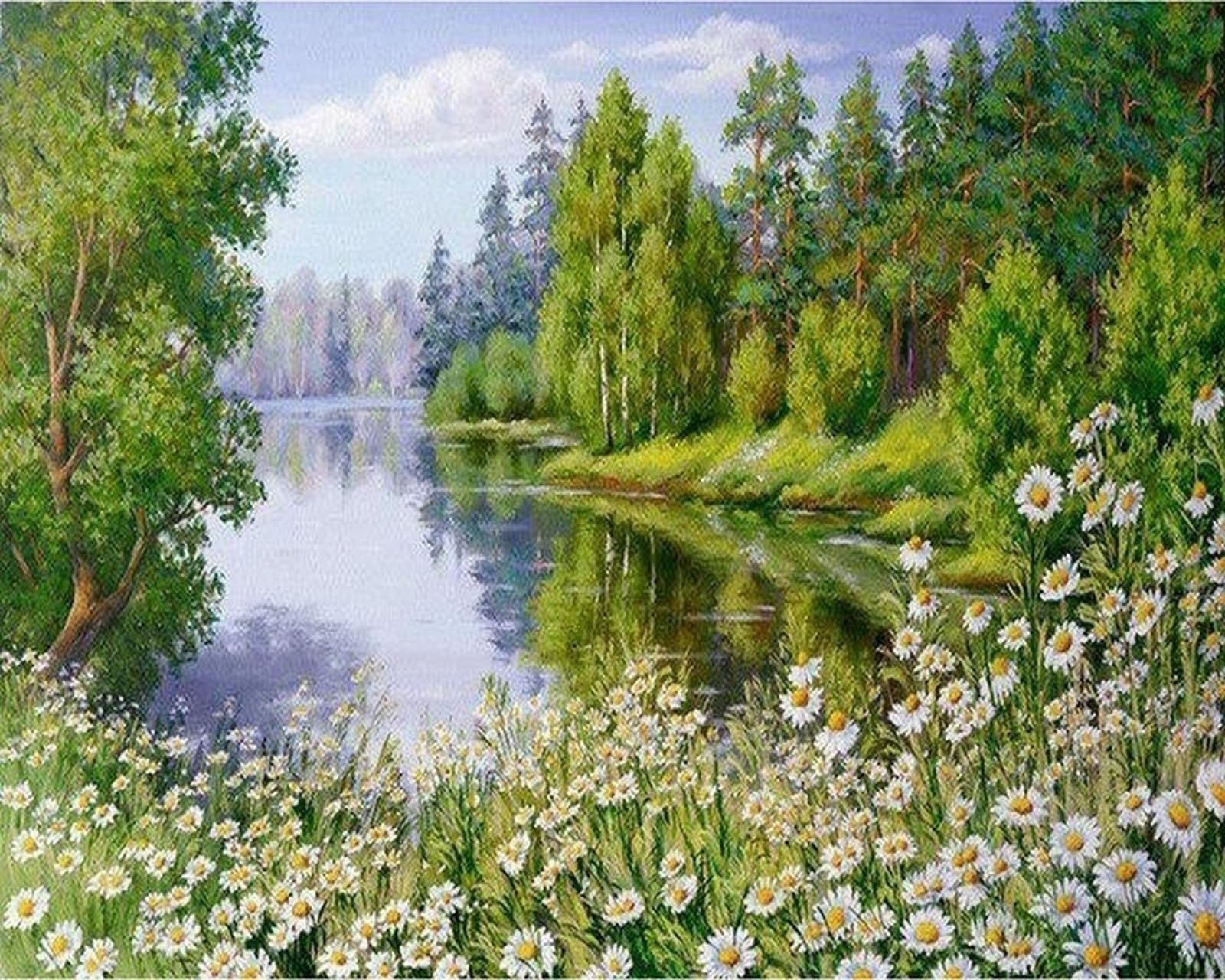 COKYIS Kreuzstich-Set „Flusslandschaft“ 40x50 Cm – Vorgedruckt, Mit Garn & Nadel, Für Anfänger