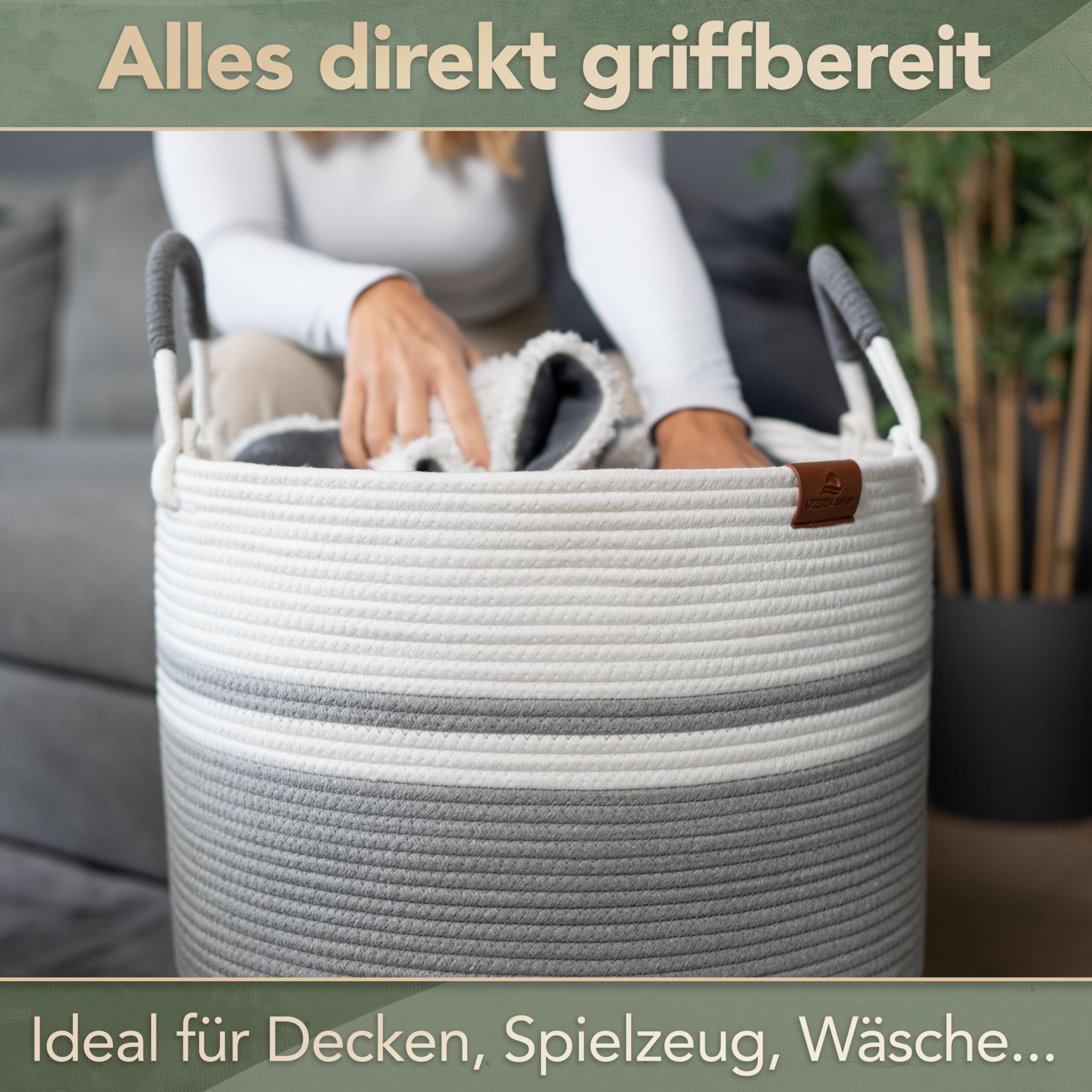 Korb EMILIA Ø46xH48 cm Grau/Weiß/80L, Wäschekorb geflochten aus Baumwolle, Wäschesammler, Aufbewahrungskorb groß, Korb geflochten, faltbarer Wäschekorb, Wäschetonne, laundry basket