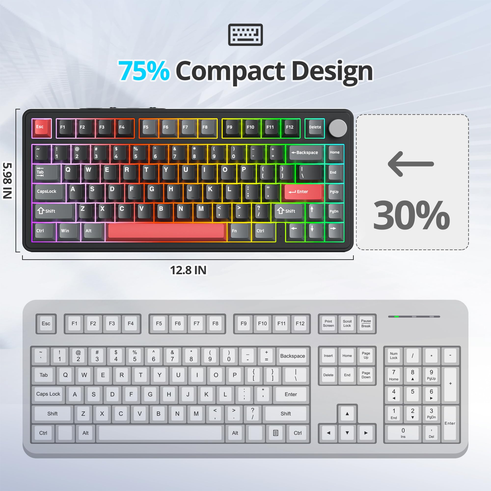 SOLIDEE Teclado Intercambiable en Caliente 75% con Perilla,Bluetooth 5.0/2.4GHz/USB-C Teclado mecánico Gasket,South Facing retroiluminación RGB Teclado mecánico para Juegos para Win Mac(Shadow Red)