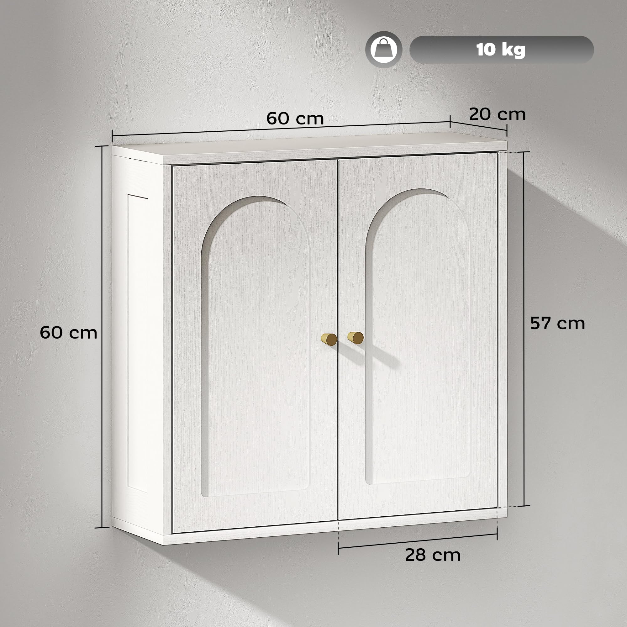 HOMCOM Armoire Murale, Meuble Haut Salle de Bain Style Moderne avec Placard à Double Porte et poignées dorées, Meuble de Salle de Bain Suspendu, 60 x 20 x 60 cm, Blanc