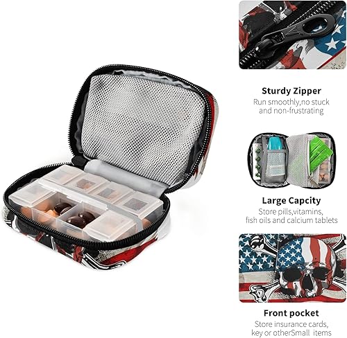 Miniatura 4 de Naanle Pastillero con diseño de calavera y bandera americana, 7 días, organizador de píldoras de viaje con cremallera, funda semanal portátil,